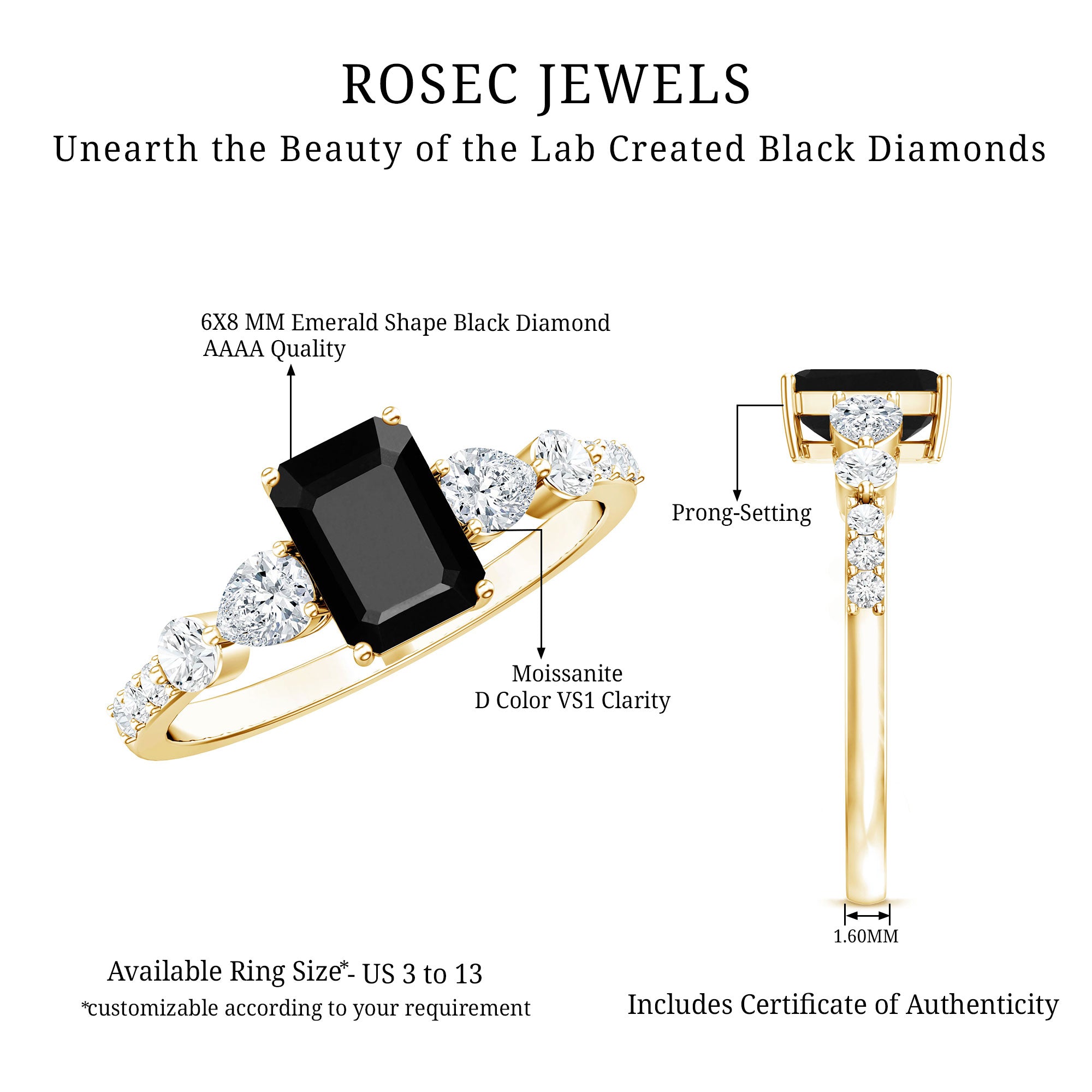 Certified 1.6 Carat Lab Grown Black Diamond Emerald Cut Engagement Ring with Side Stones AAAA ( Synthetic ) - Rosec Jewels