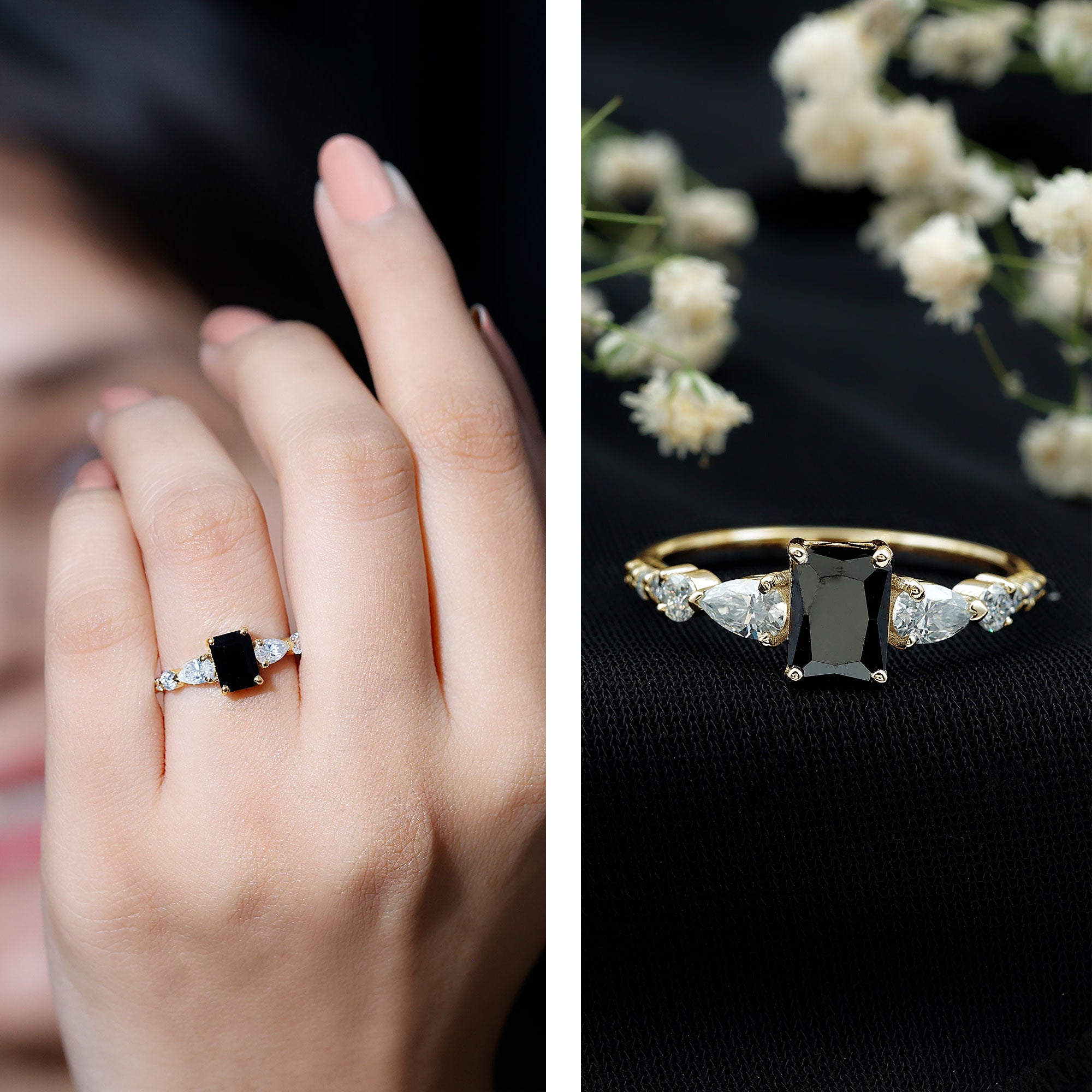 Certified 1.6 Carat Lab Grown Black Diamond Emerald Cut Engagement Ring with Side Stones AAAA ( Synthetic ) - Rosec Jewels