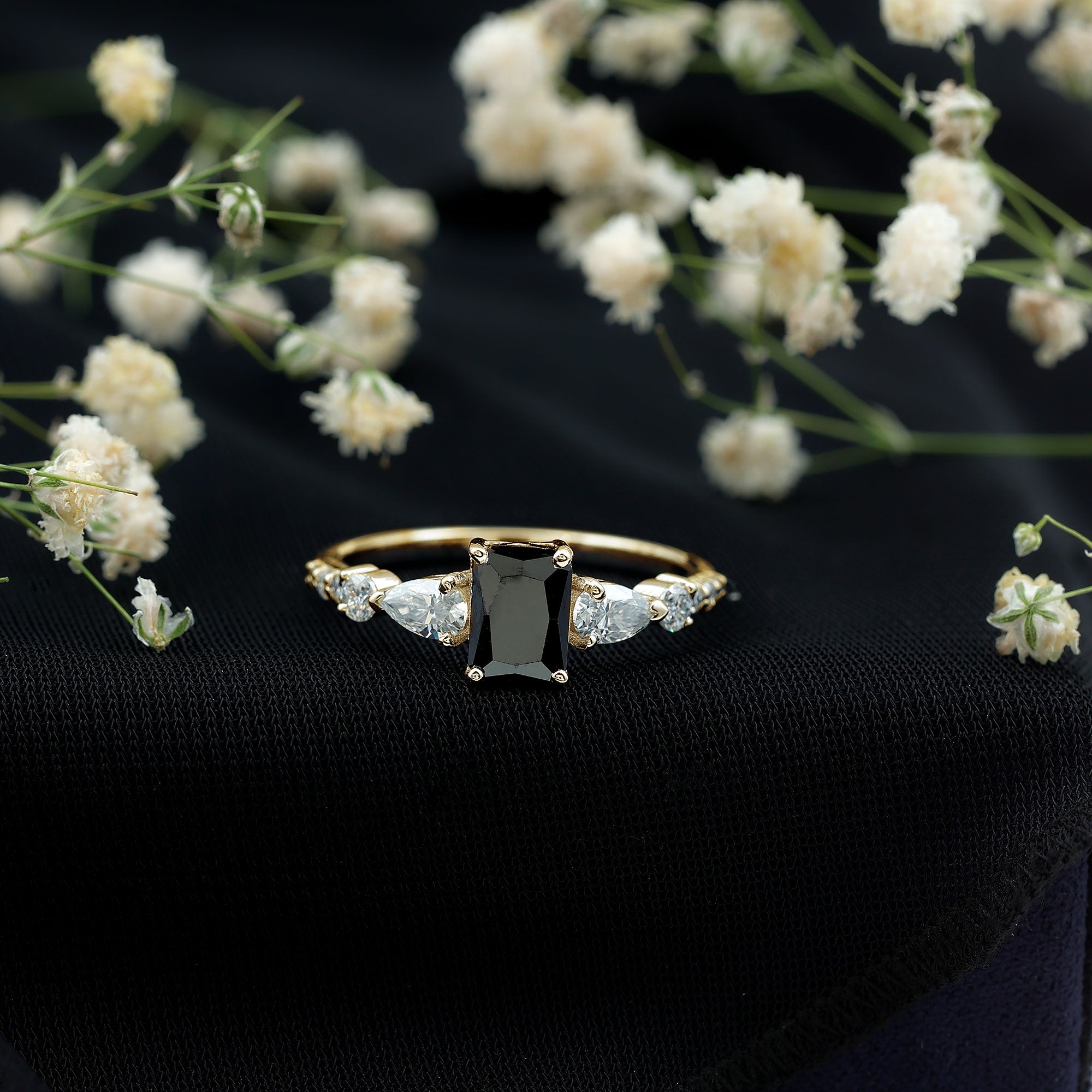 Certified 1.6 Carat Lab Grown Black Diamond Emerald Cut Engagement Ring with Side Stones AAAA ( Synthetic ) - Rosec Jewels
