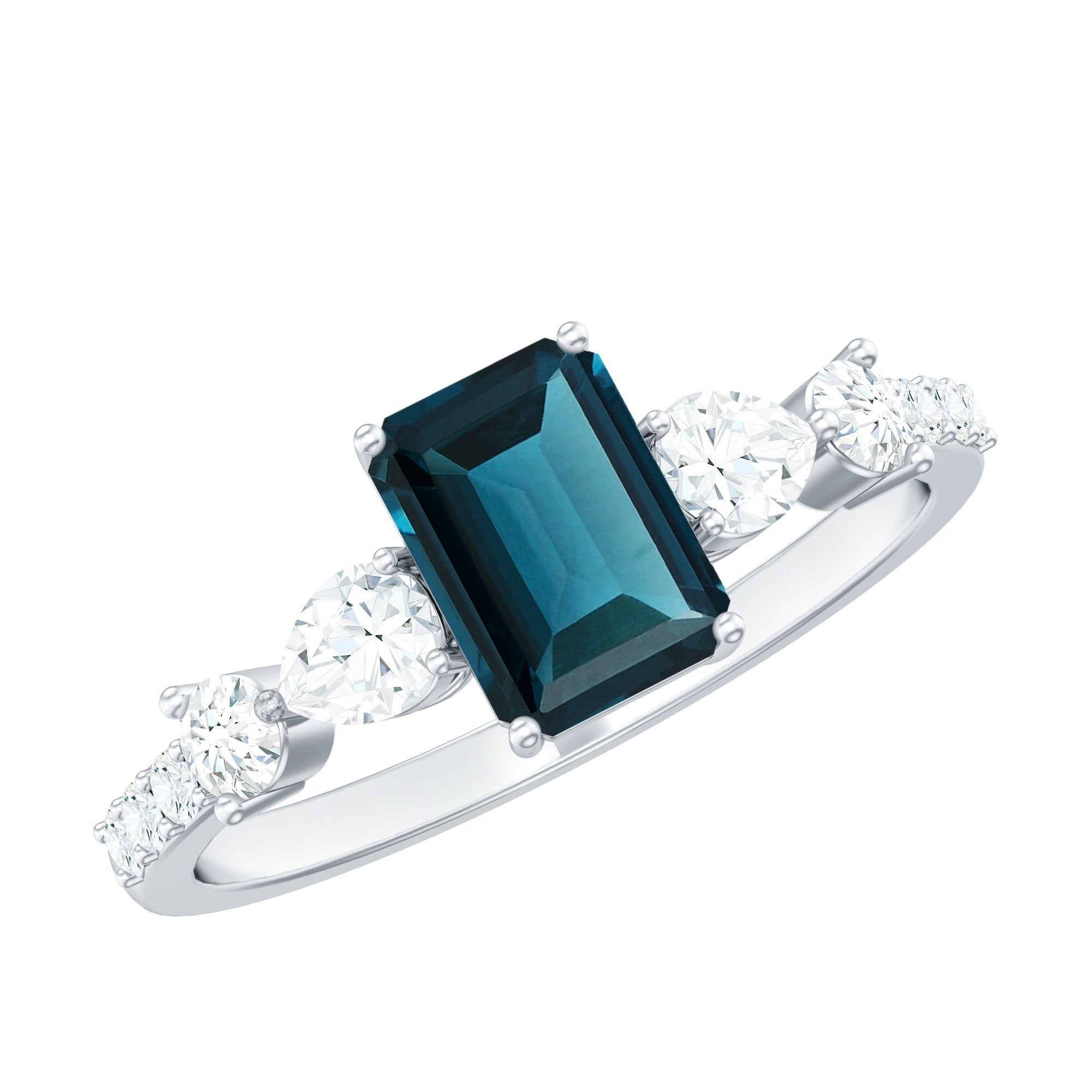 Genuine 6X8mm Emerald Cut London Blue Topaz Engagement Ring with Diamond
