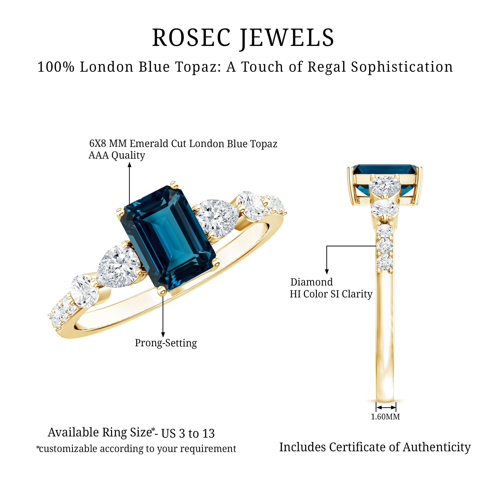 Genuine 2.2 Carat Emerald Cut London Blue Topaz Engagement Ring with Diamond AAA - Rosec Jewels