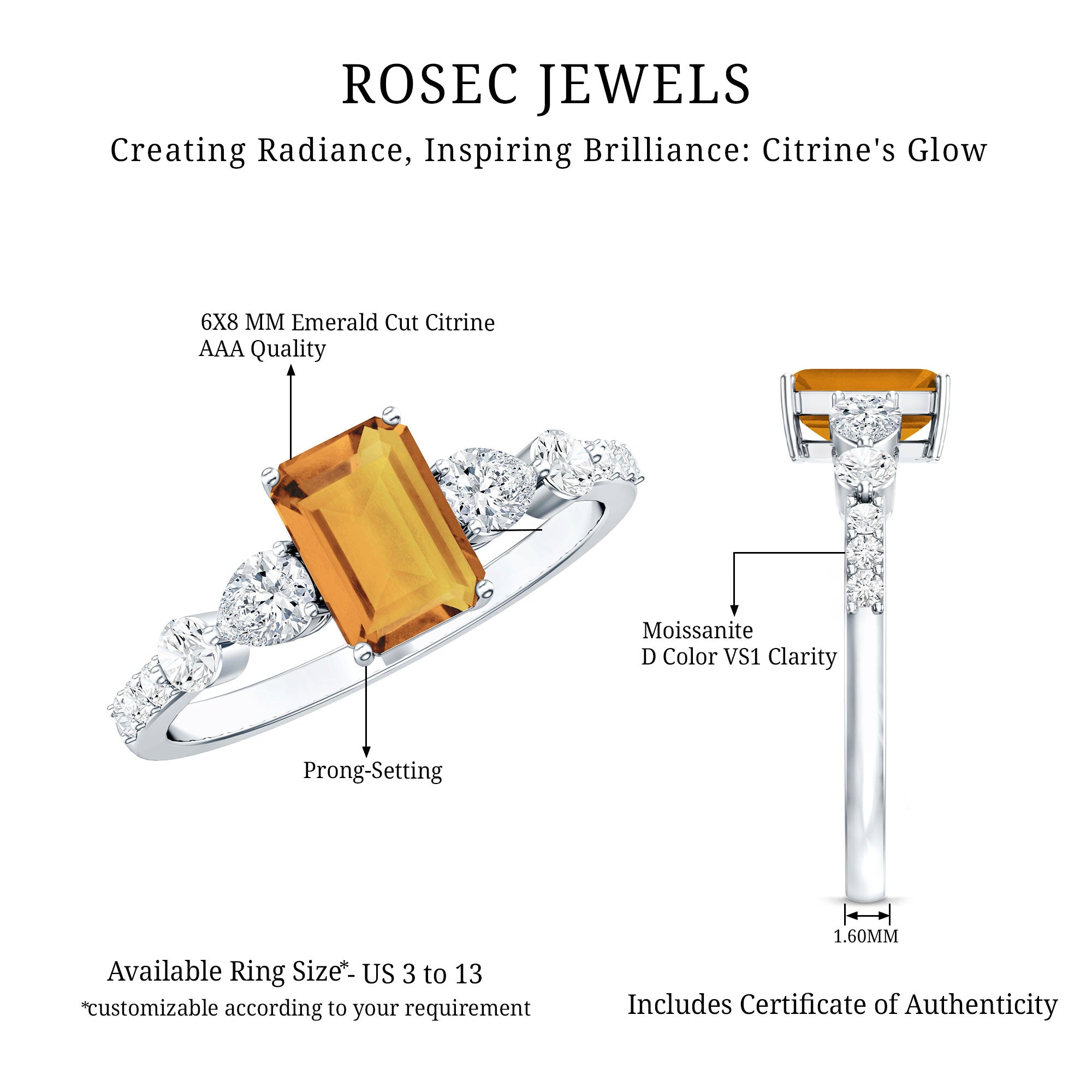 1.8 Carat Genuine Citrine Emerald Cut Engagement Ring with Moissanite Side Stones AAA - Rosec Jewels