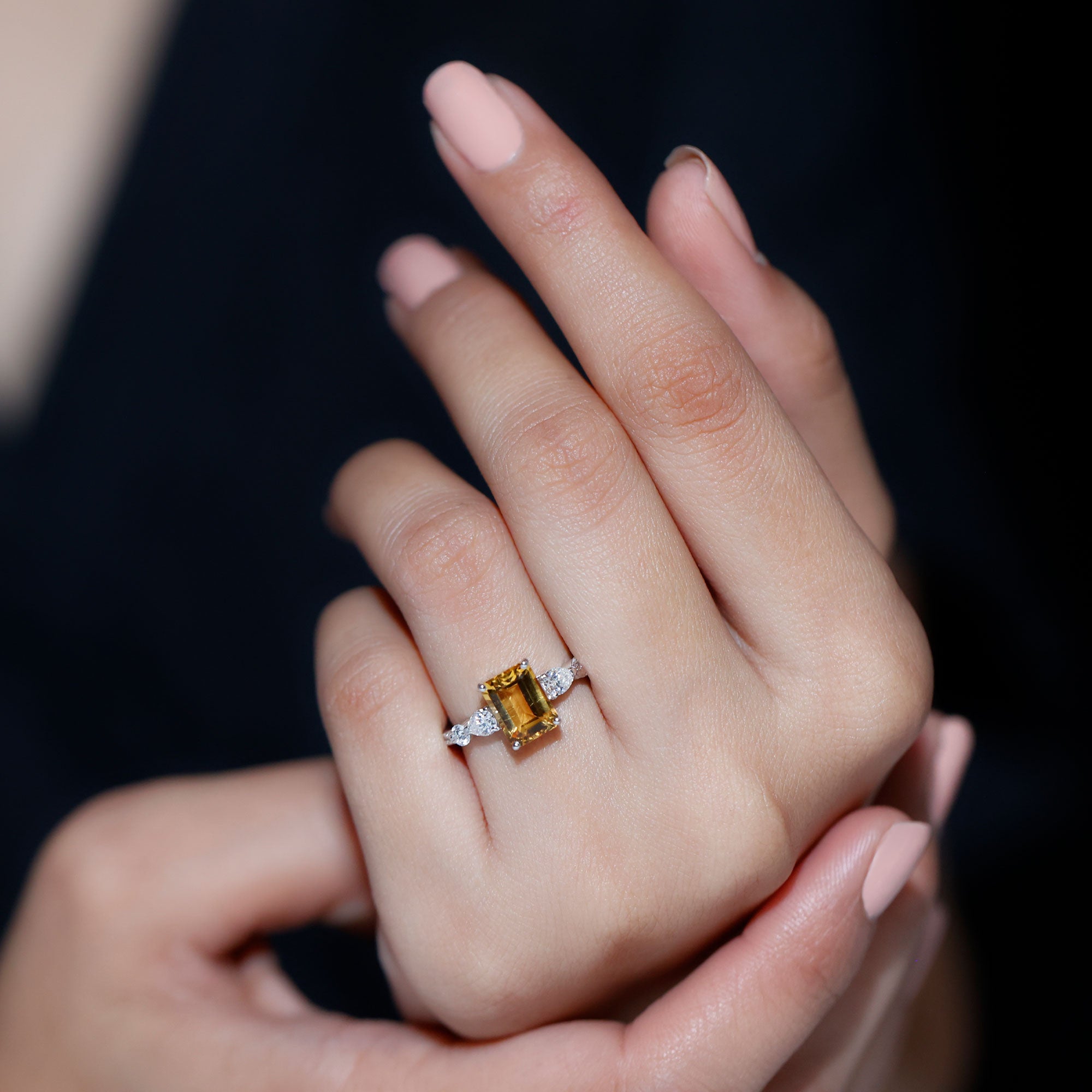 Rosec Jewels-Genuine 6X8mm Citrine Emerald Cut Engagement Ring with Moissanite Side Stones