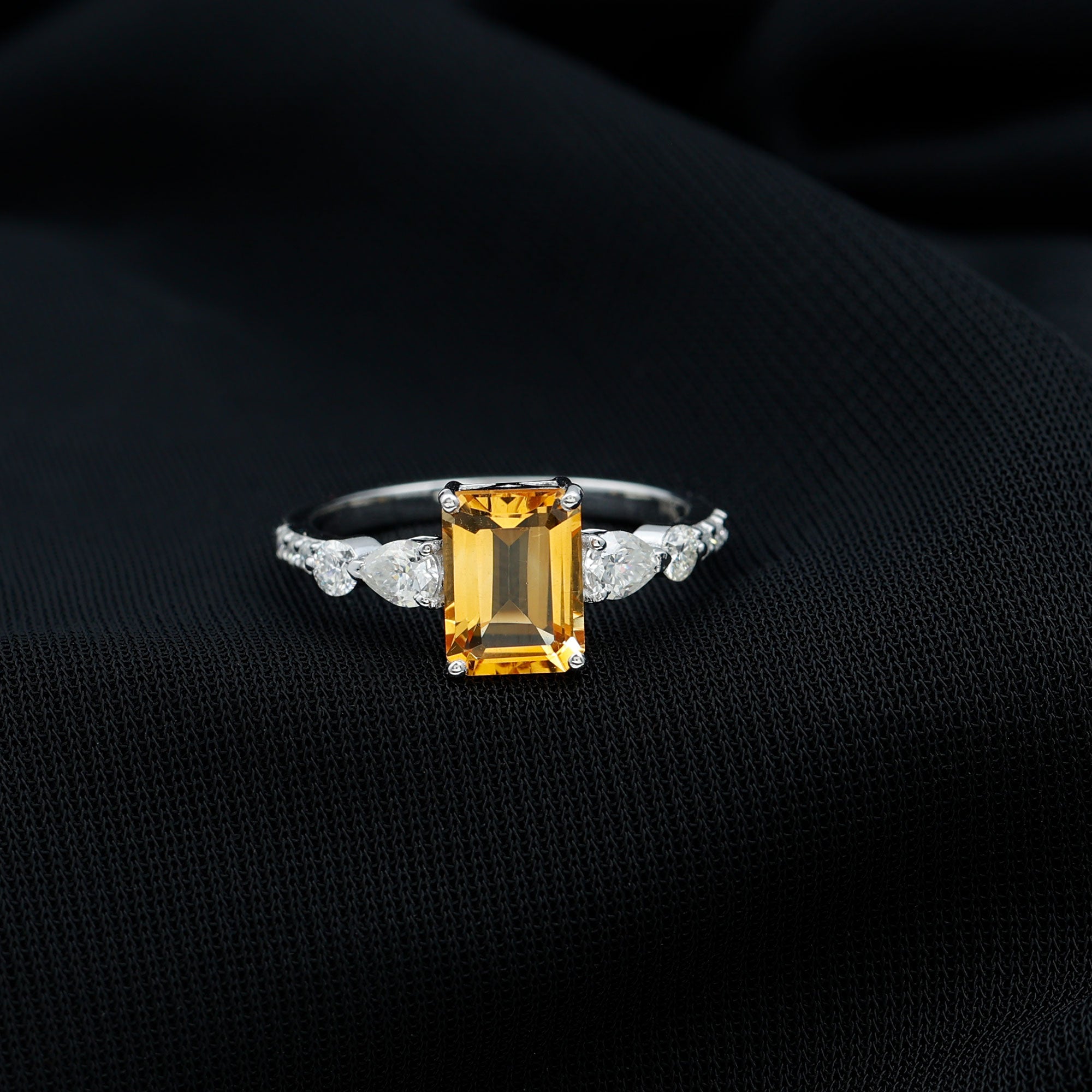 Rosec Jewels-Genuine 6X8mm Citrine Emerald Cut Engagement Ring with Moissanite Side Stones