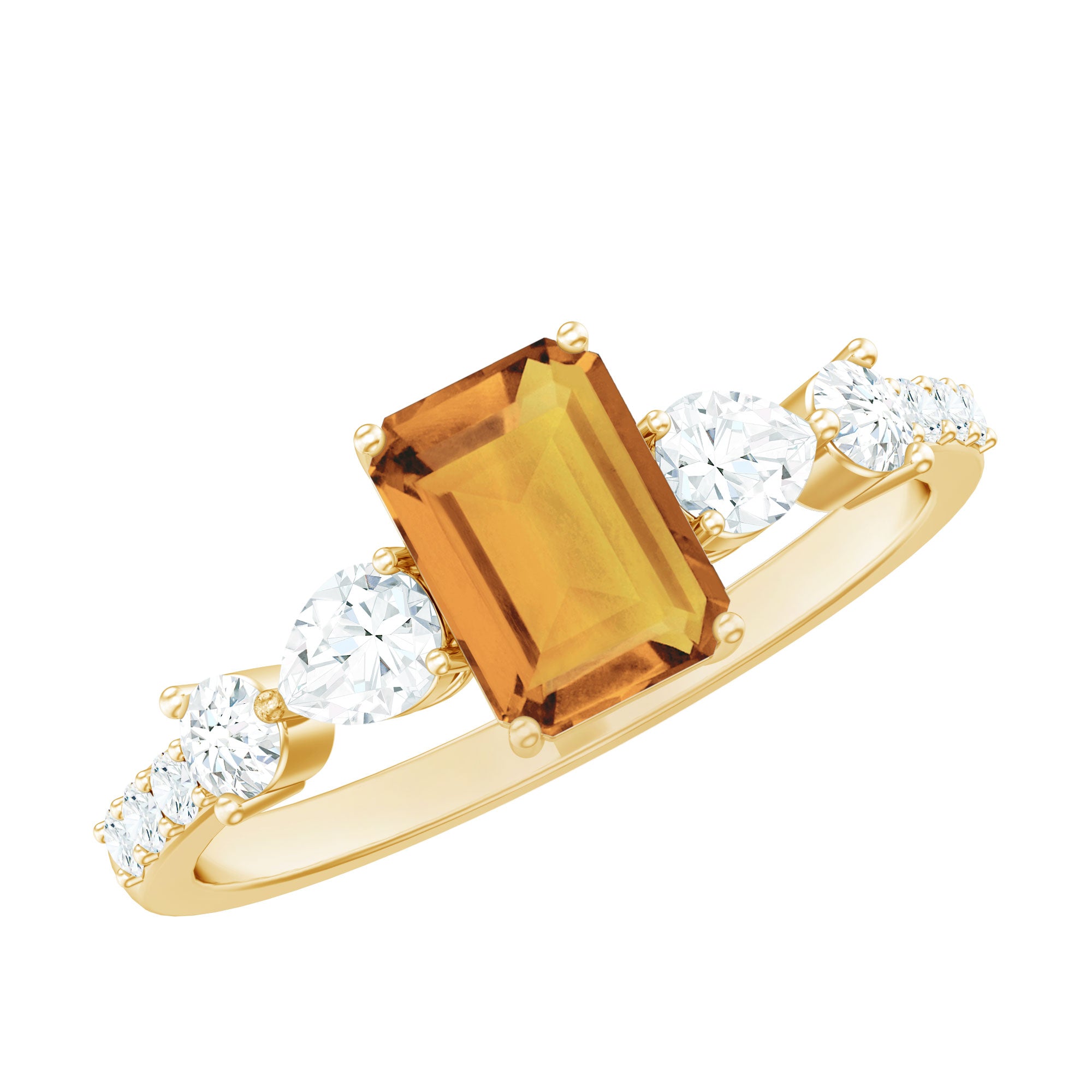 Genuine 6X8mm Citrine Emerald Cut Engagement Ring with Moissanite Side Stones AAA - Rosec Jewels