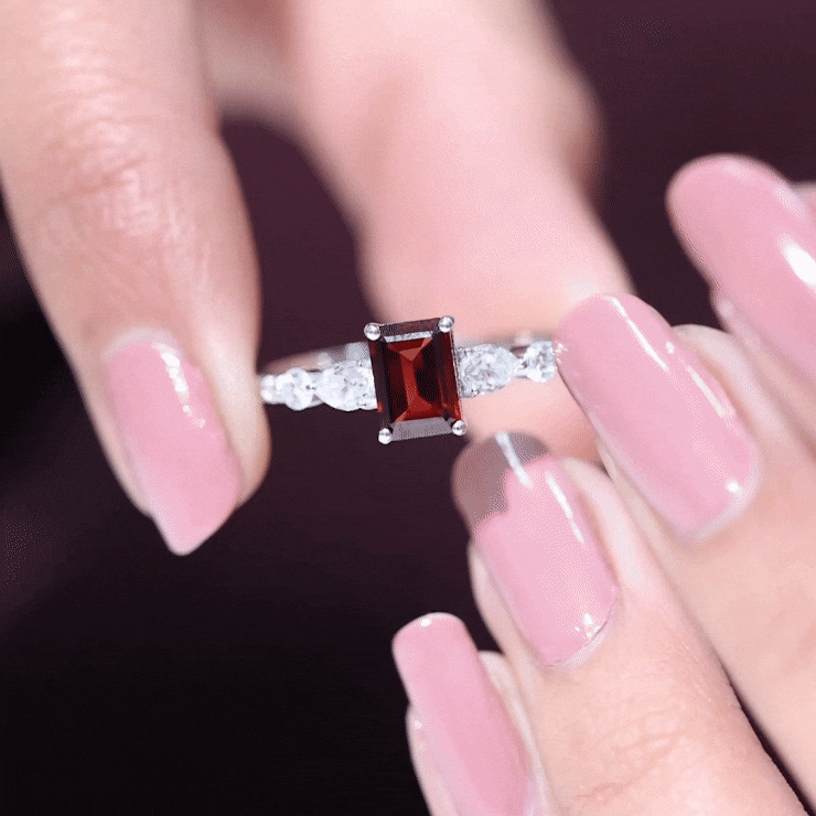 Genuine Garnet Emerald Cut Engagement Ring with Diamond Side Stones AAA - Rosec Jewels
