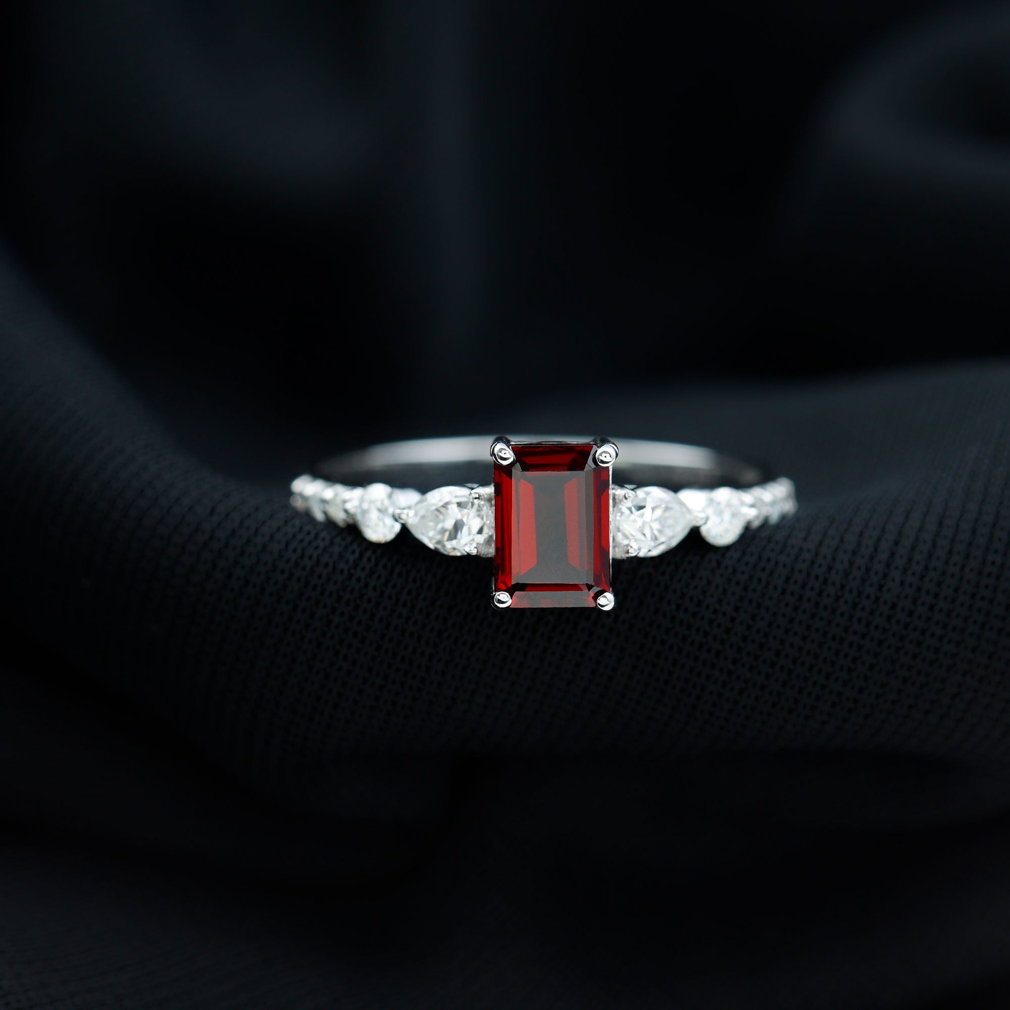 Genuine Garnet Emerald Cut Engagement Ring with Diamond Side Stones AAA - Rosec Jewels