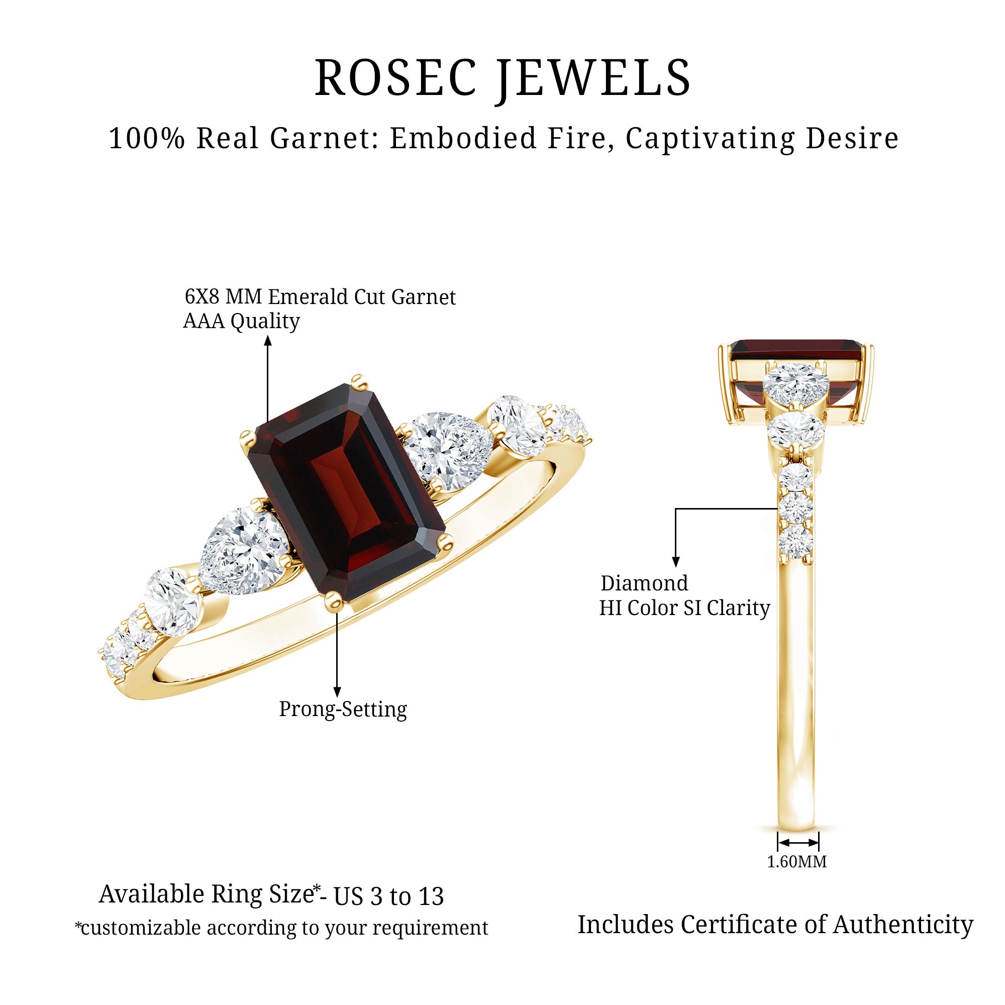 Genuine Garnet Emerald Cut Engagement Ring with Diamond Side Stones AAA - Rosec Jewels