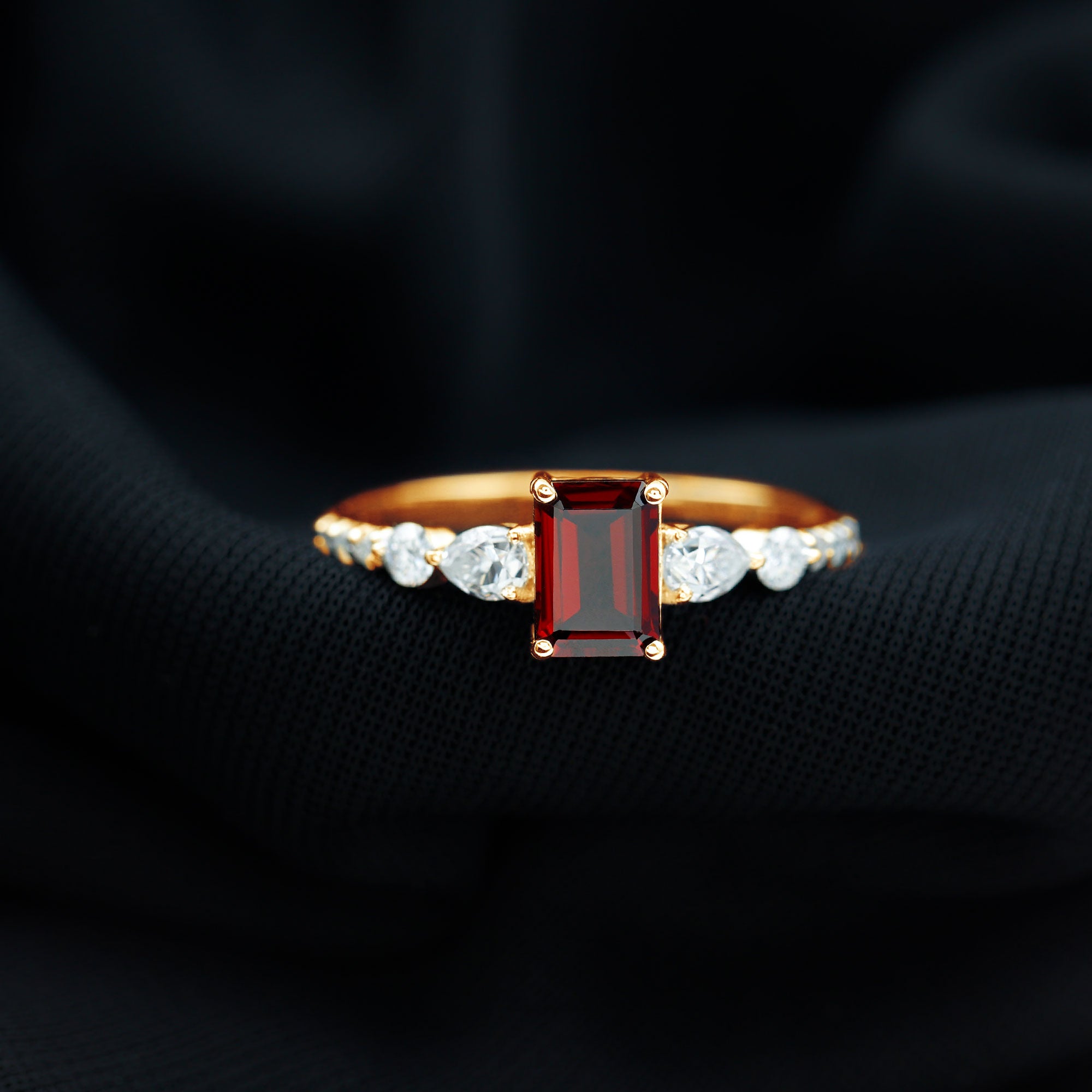 Genuine Garnet Emerald Cut Engagement Ring with Diamond Side Stones AAA - Rosec Jewels
