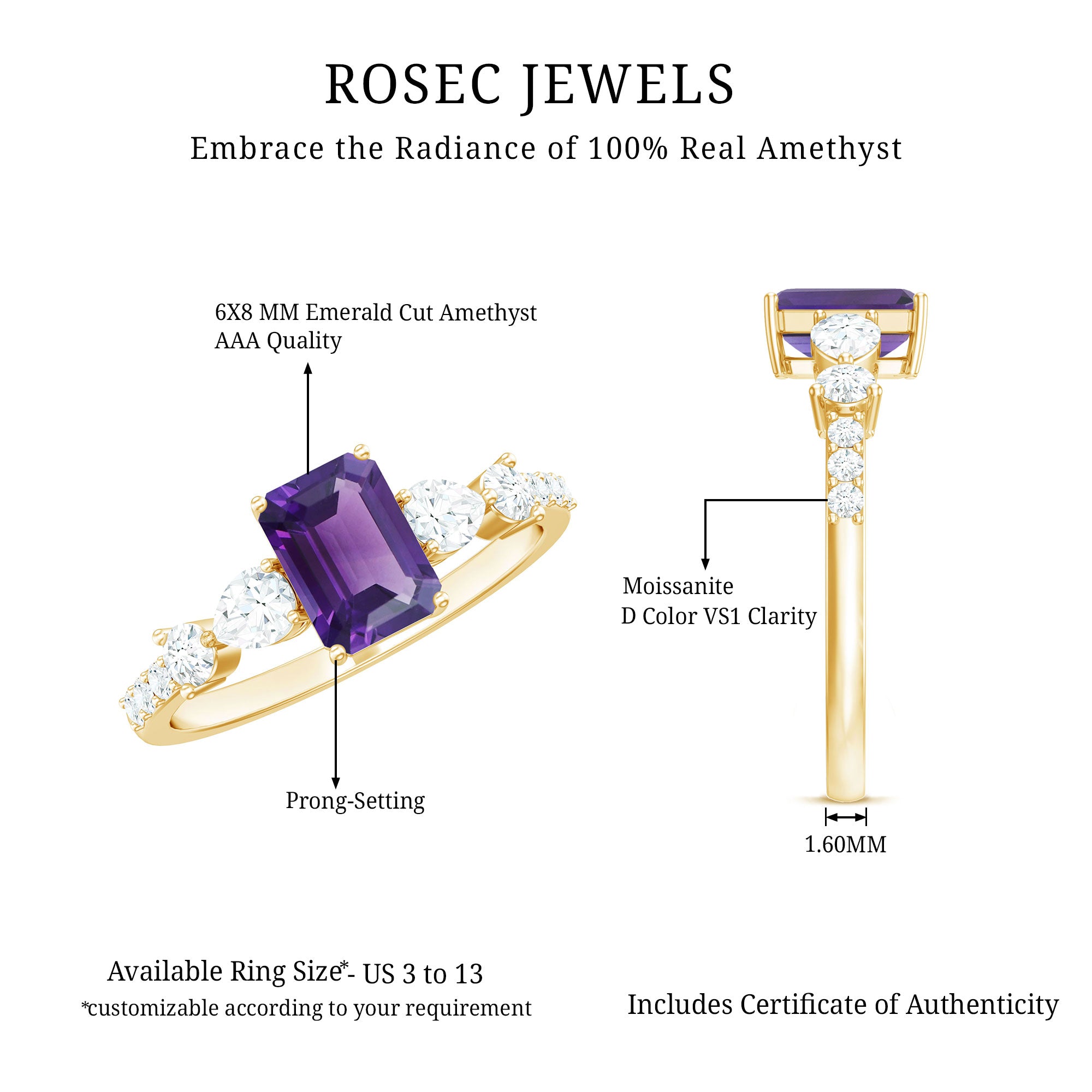 Real 1.4 Carat Emerald Cut Amethyst Engagement Ring with Moissanite AAA - Rosec Jewels
