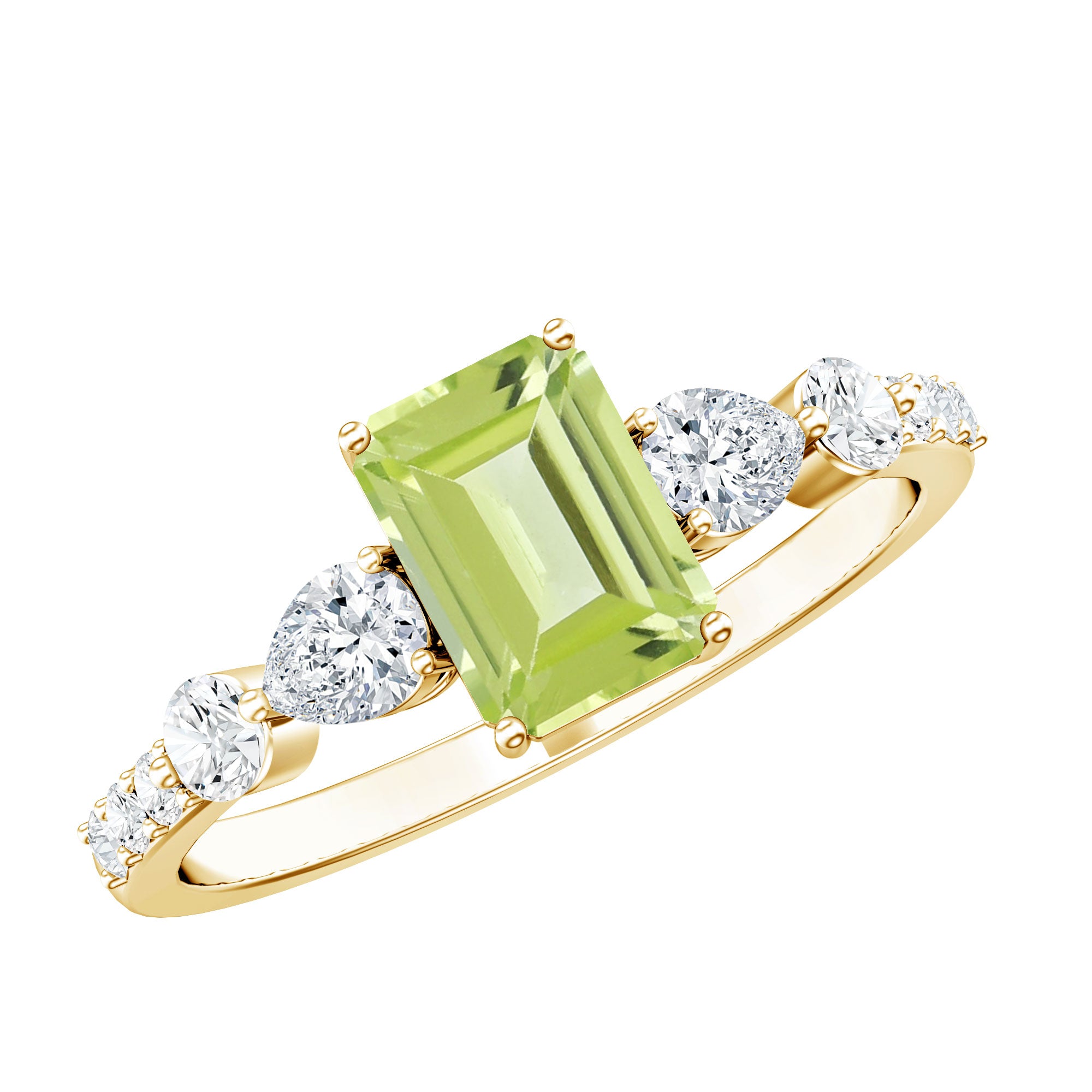 Natural 1.8 Carat Peridot Emerald Cut Engagement Ring with Side Stones AAA - Rosec Jewels