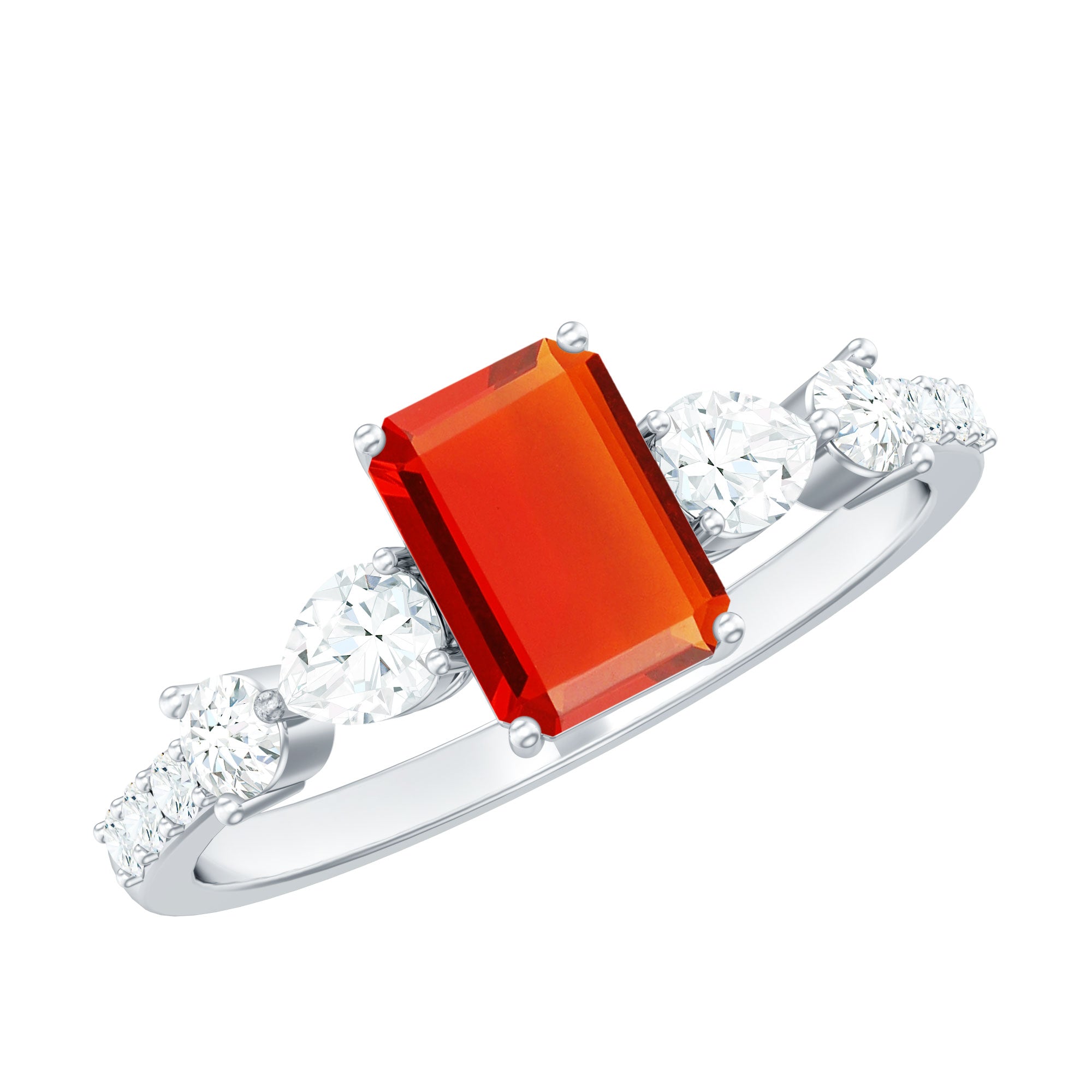 1 Carat Fire Opal Emerald Cut Engagement Ring with Diamond Side Stones AAA - Rosec Jewels