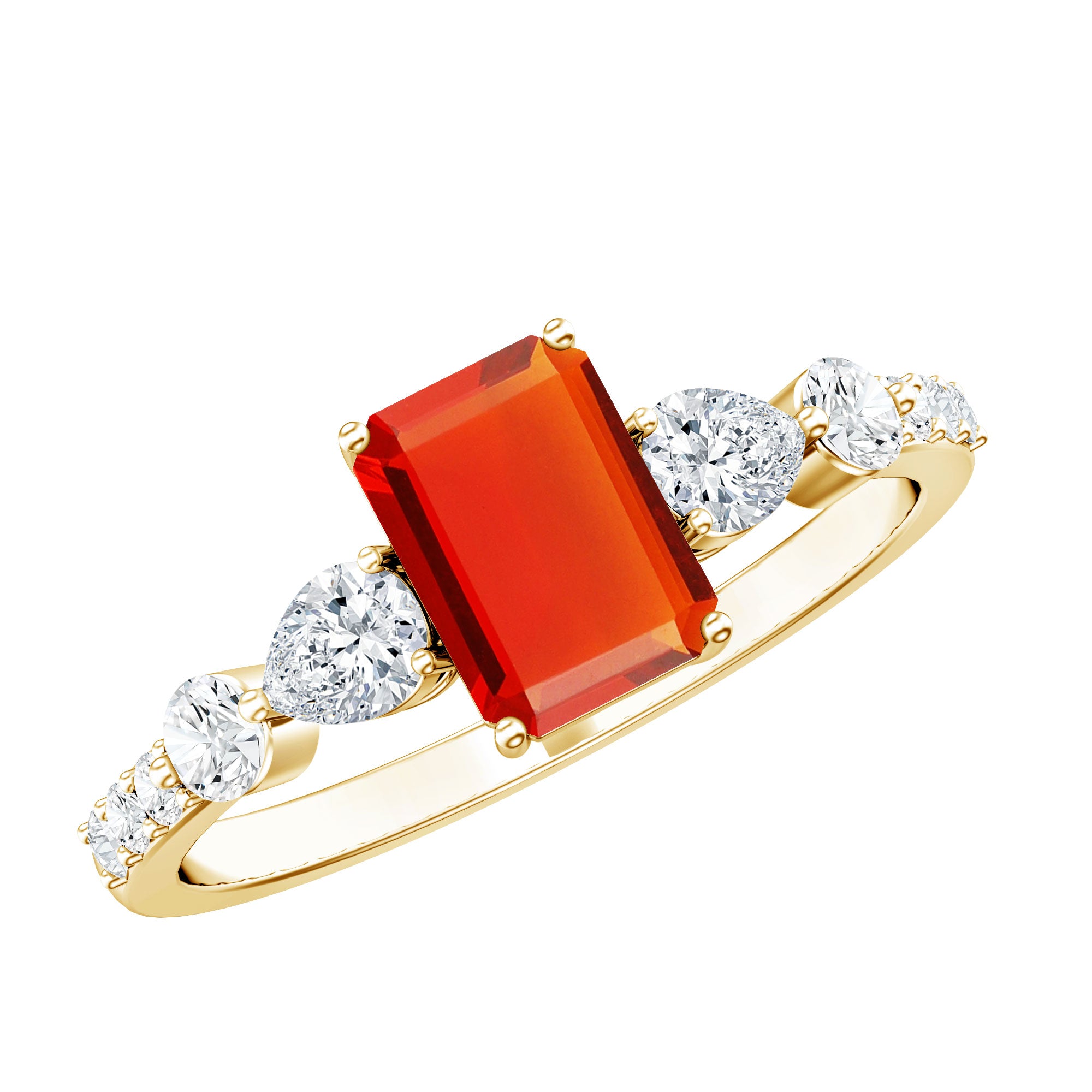 1 Carat Fire Opal Emerald Cut Engagement Ring with Diamond Side Stones AAA - Rosec Jewels