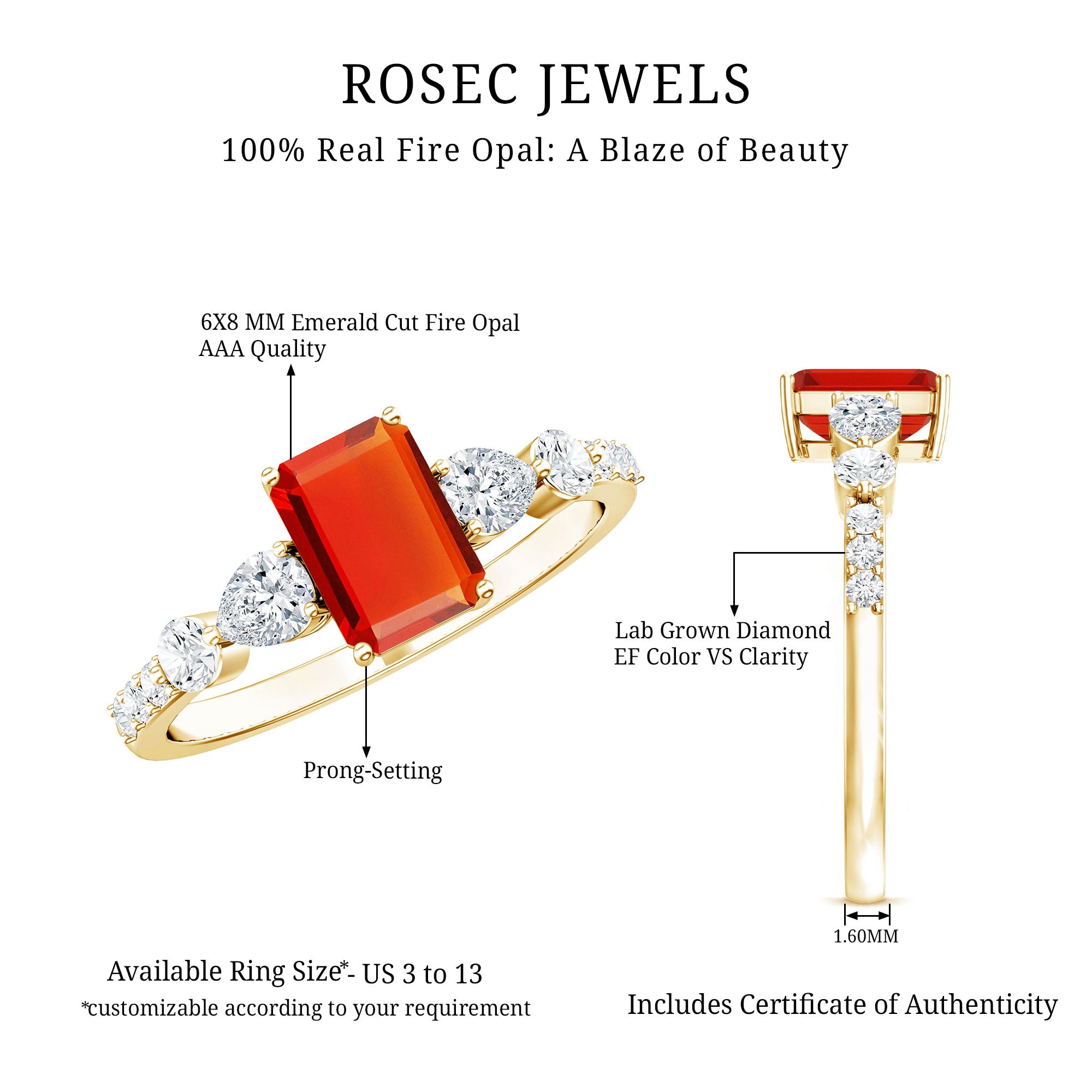 1 Carat Fire Opal Emerald Cut Engagement Ring with Diamond Side Stones AAA - Rosec Jewels