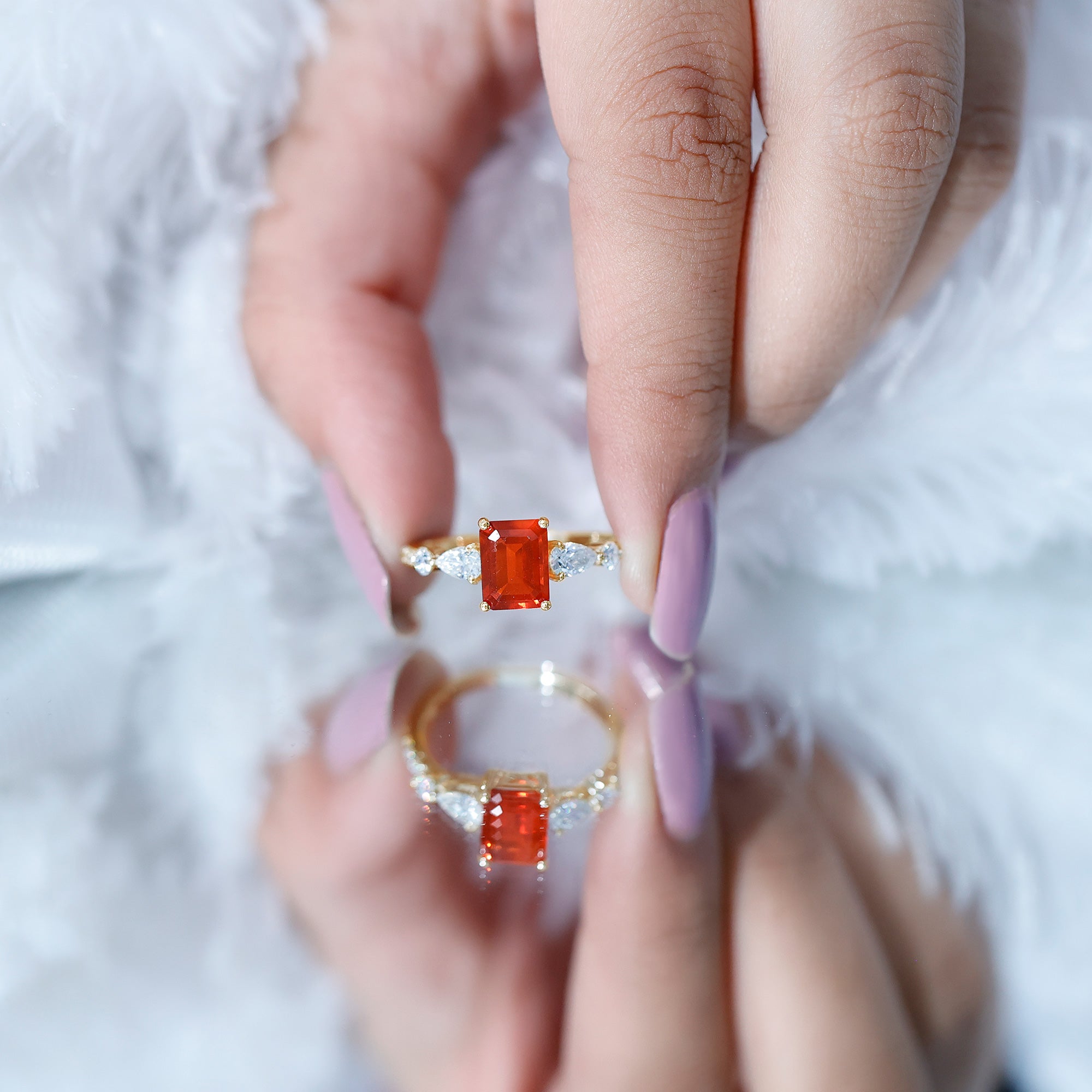 1 Carat Fire Opal Emerald Cut Engagement Ring with Diamond Side Stones AAA - Rosec Jewels