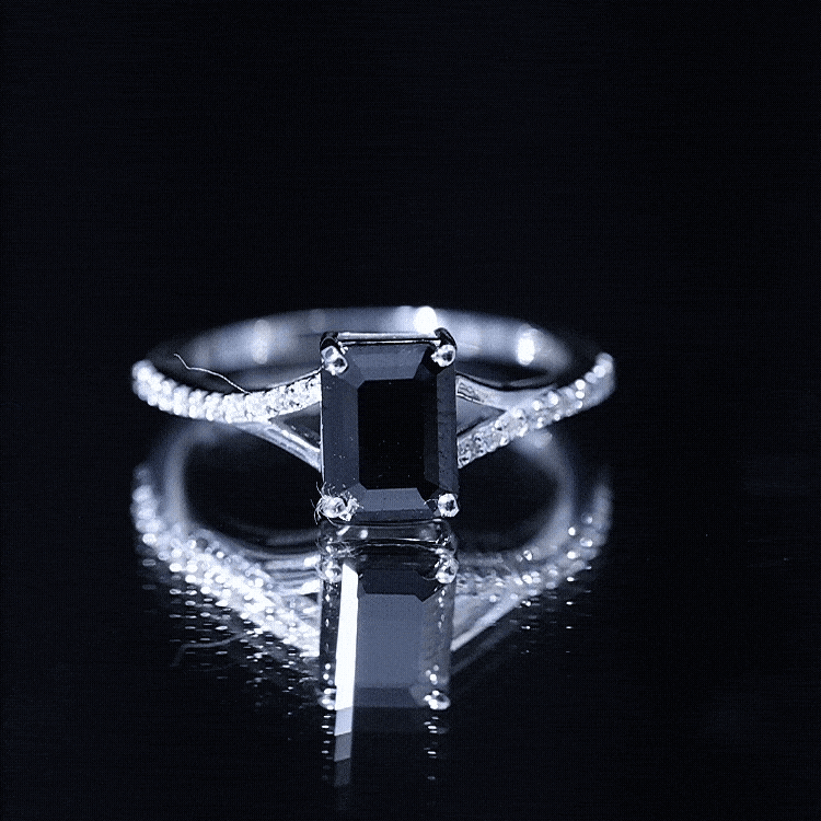Certified 1.6 Carat Lab Grown Black Diamond Emerald Cut Engagement Ring with White Diamond Split Shank AAAA ( Synthetic ) - Rosec Jewels