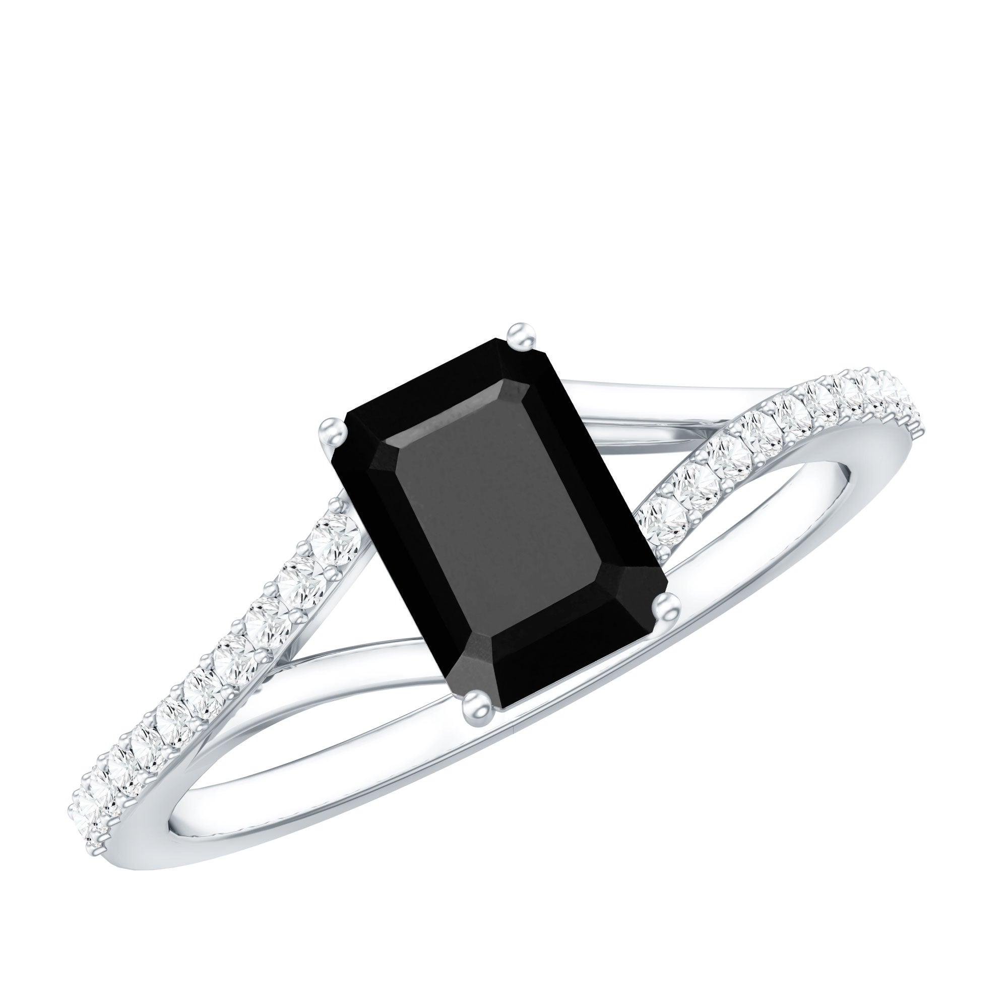 Certified 1.6 Carat Lab Grown Black Diamond Emerald Cut Engagement Ring with White Diamond Split Shank AAAA ( Synthetic ) - Rosec Jewels