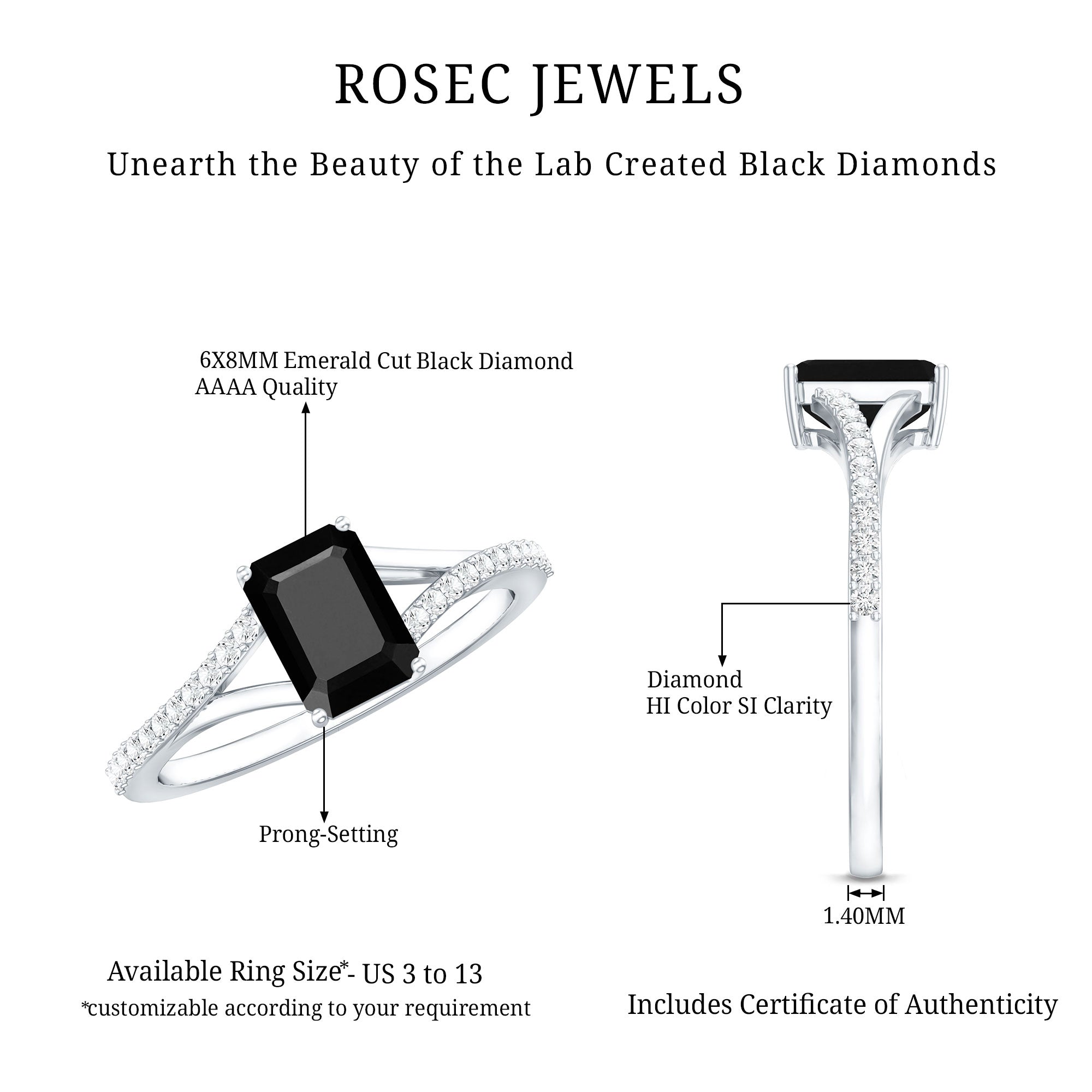 Certified 1.6 Carat Lab Grown Black Diamond Emerald Cut Engagement Ring with White Diamond Split Shank AAAA ( Synthetic ) - Rosec Jewels