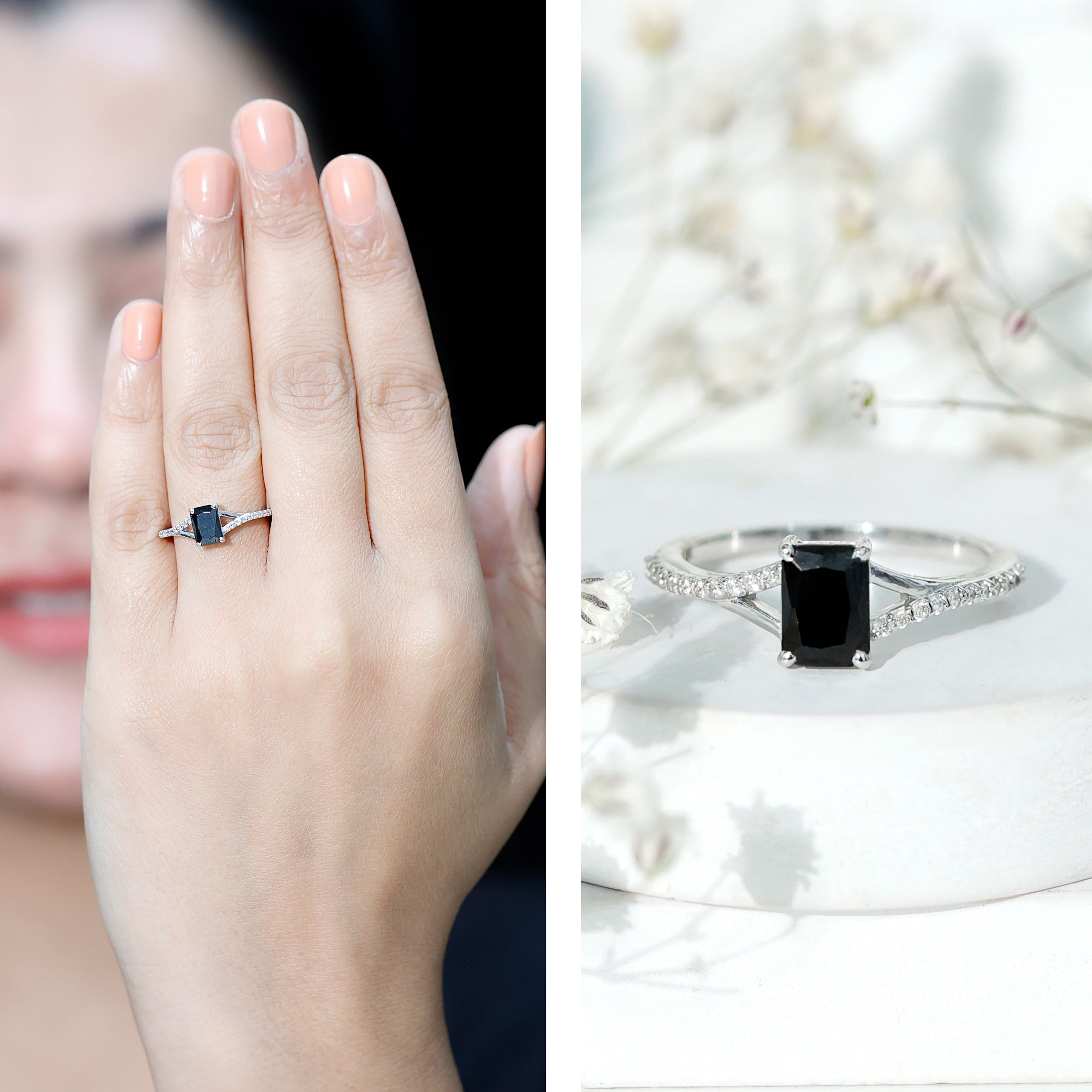 Certified 1.6 Carat Lab Grown Black Diamond Emerald Cut Engagement Ring with White Diamond Split Shank AAAA ( Synthetic ) - Rosec Jewels