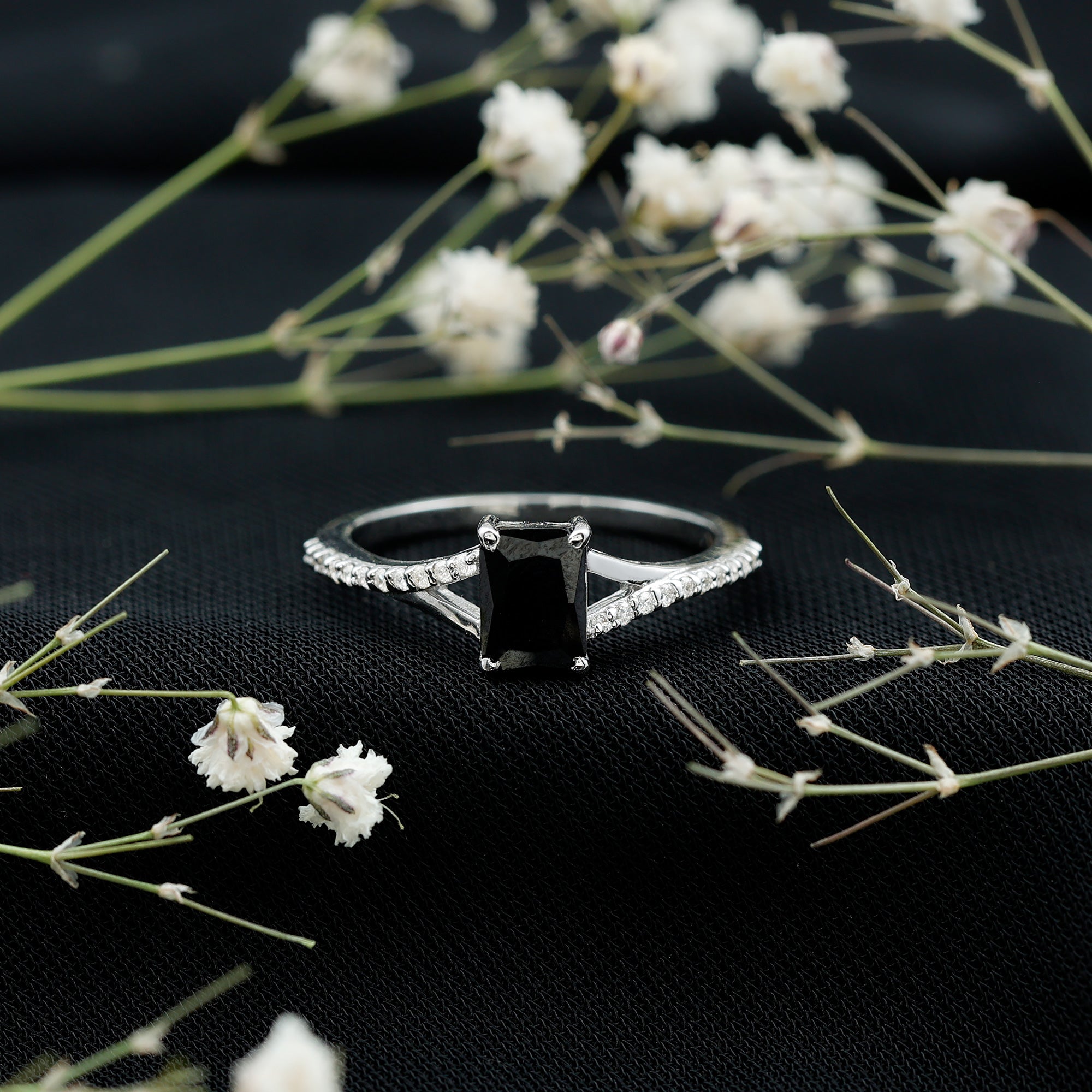 Certified 1.6 Carat Lab Grown Black Diamond Emerald Cut Engagement Ring with White Diamond Split Shank AAAA ( Synthetic ) - Rosec Jewels