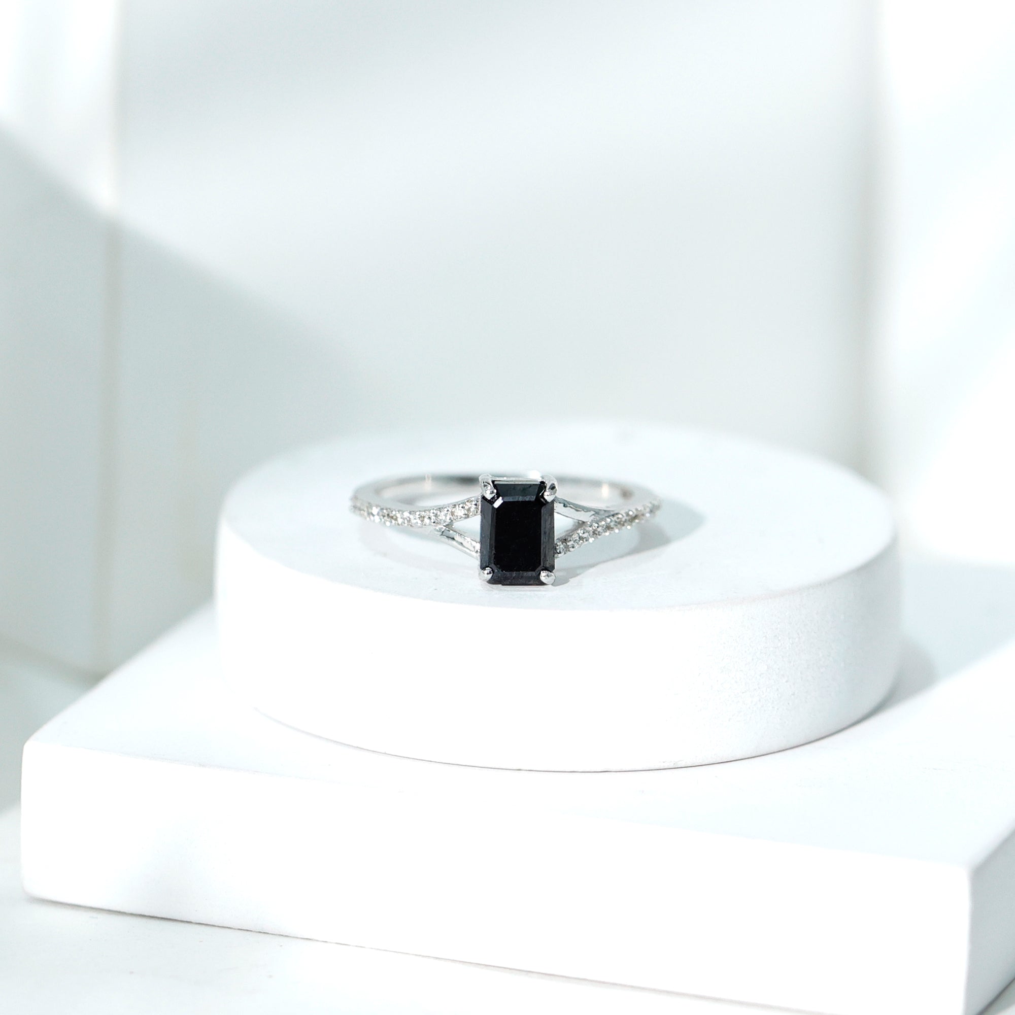 Certified 1.6 Carat Lab Grown Black Diamond Emerald Cut Engagement Ring with White Diamond Split Shank AAAA ( Synthetic ) - Rosec Jewels