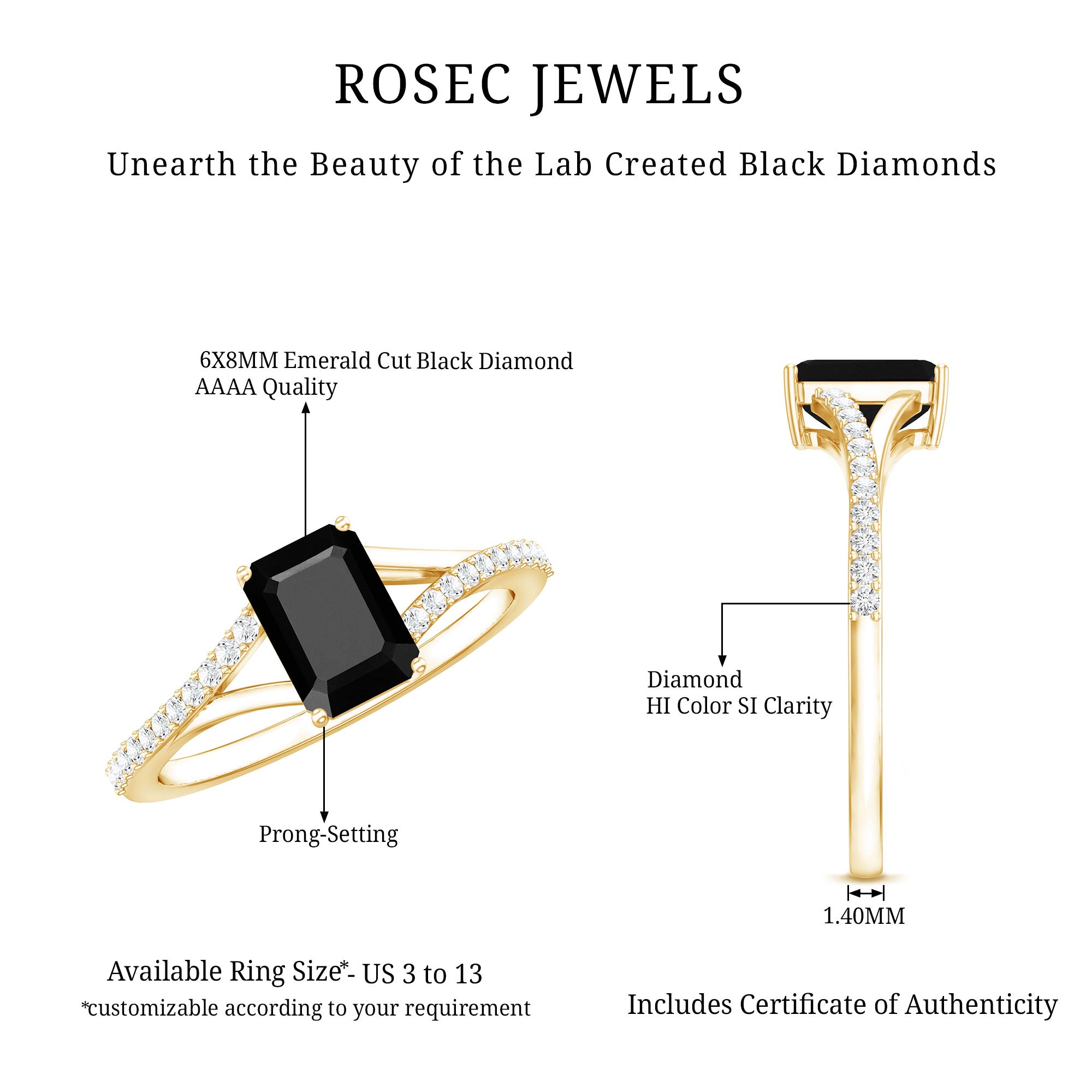 Certified 1.6 Carat Lab Grown Black Diamond Emerald Cut Engagement Ring with White Diamond Split Shank AAAA ( Synthetic ) - Rosec Jewels