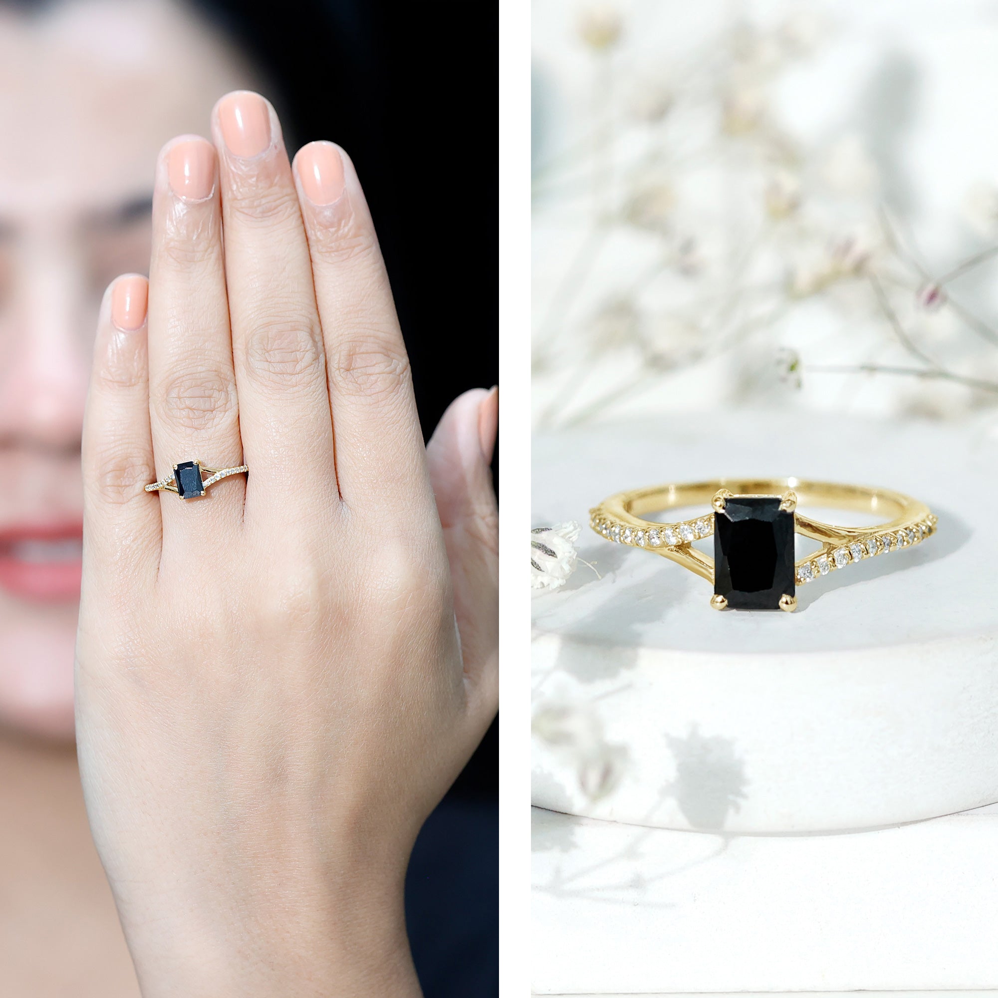 Certified 1.6 Carat Lab Grown Black Diamond Emerald Cut Engagement Ring with White Diamond Split Shank AAAA ( Synthetic ) - Rosec Jewels