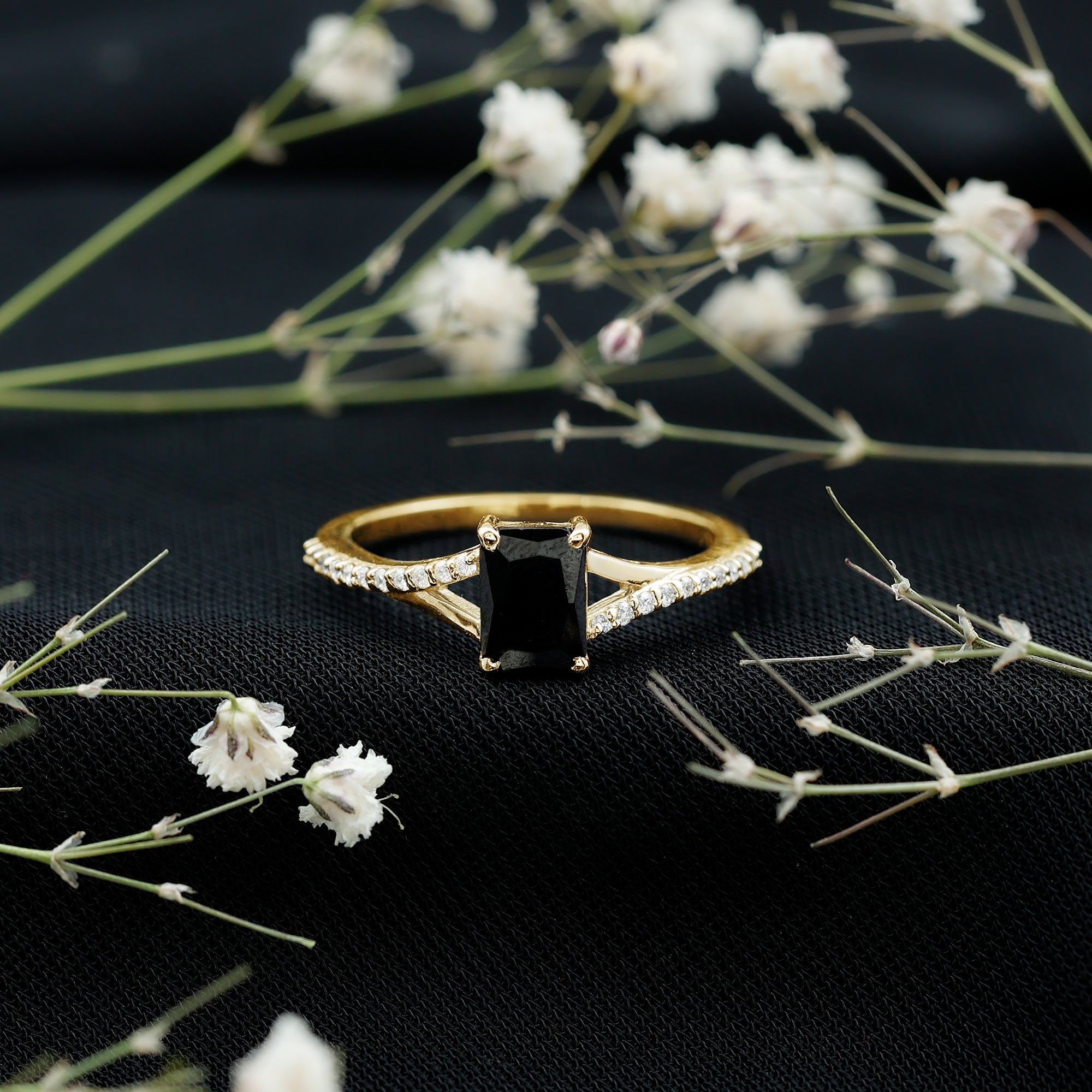 Certified 1.6 Carat Lab Grown Black Diamond Emerald Cut Engagement Ring with White Diamond Split Shank AAAA ( Synthetic ) - Rosec Jewels
