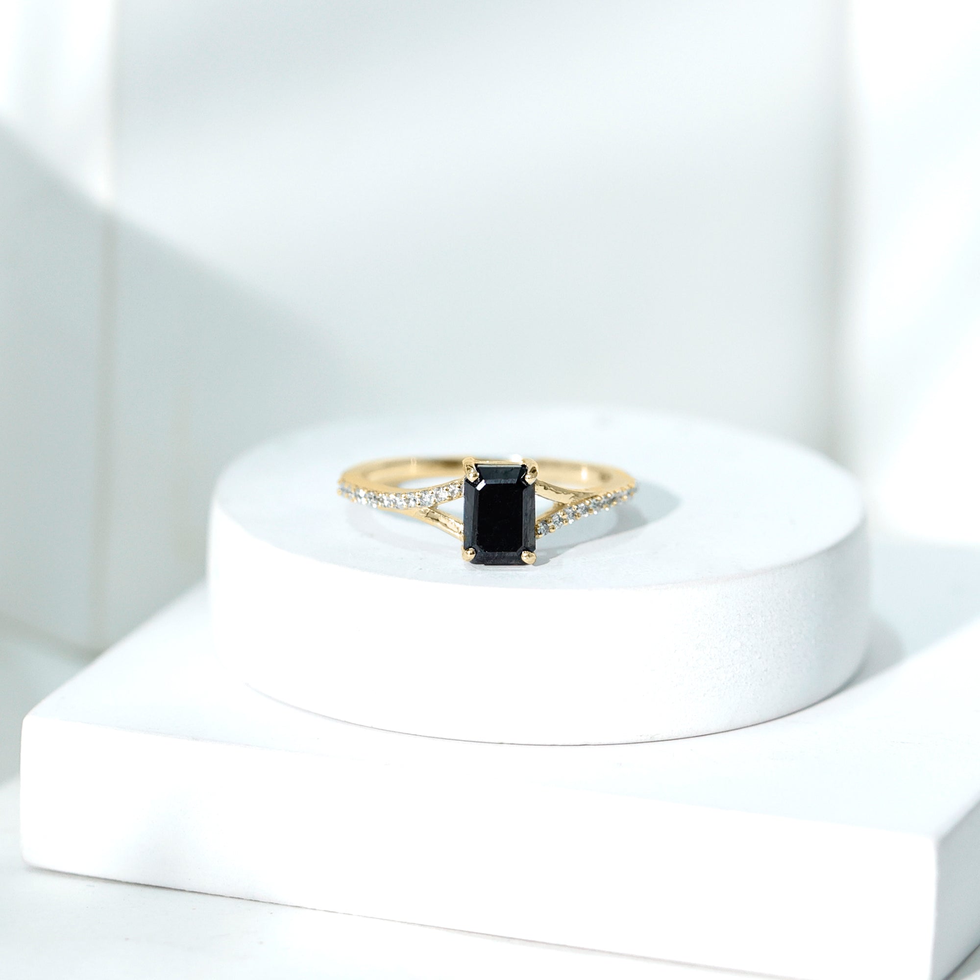 Certified 1.6 Carat Lab Grown Black Diamond Emerald Cut Engagement Ring with White Diamond Split Shank AAAA ( Synthetic ) - Rosec Jewels