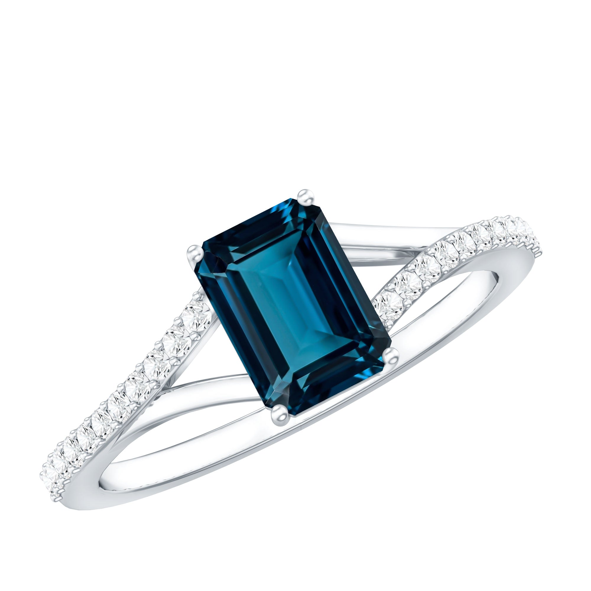 2.2 Carat Emerald Cut London Blue Topaz Split Shank Engagement Ring with Diamond AAA - Rosec Jewels