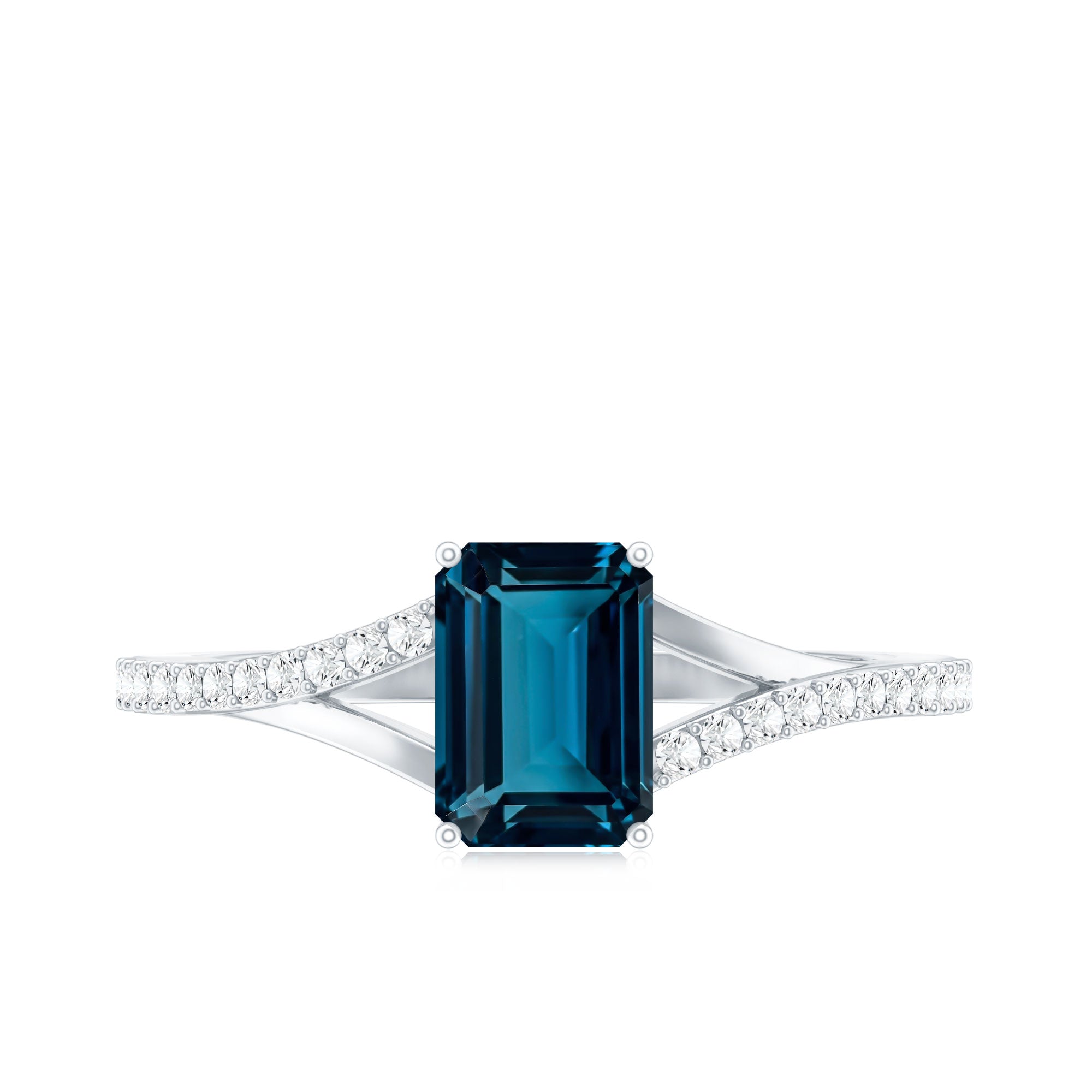 2.2 Carat Emerald Cut London Blue Topaz Split Shank Engagement Ring with Diamond AAA - Rosec Jewels