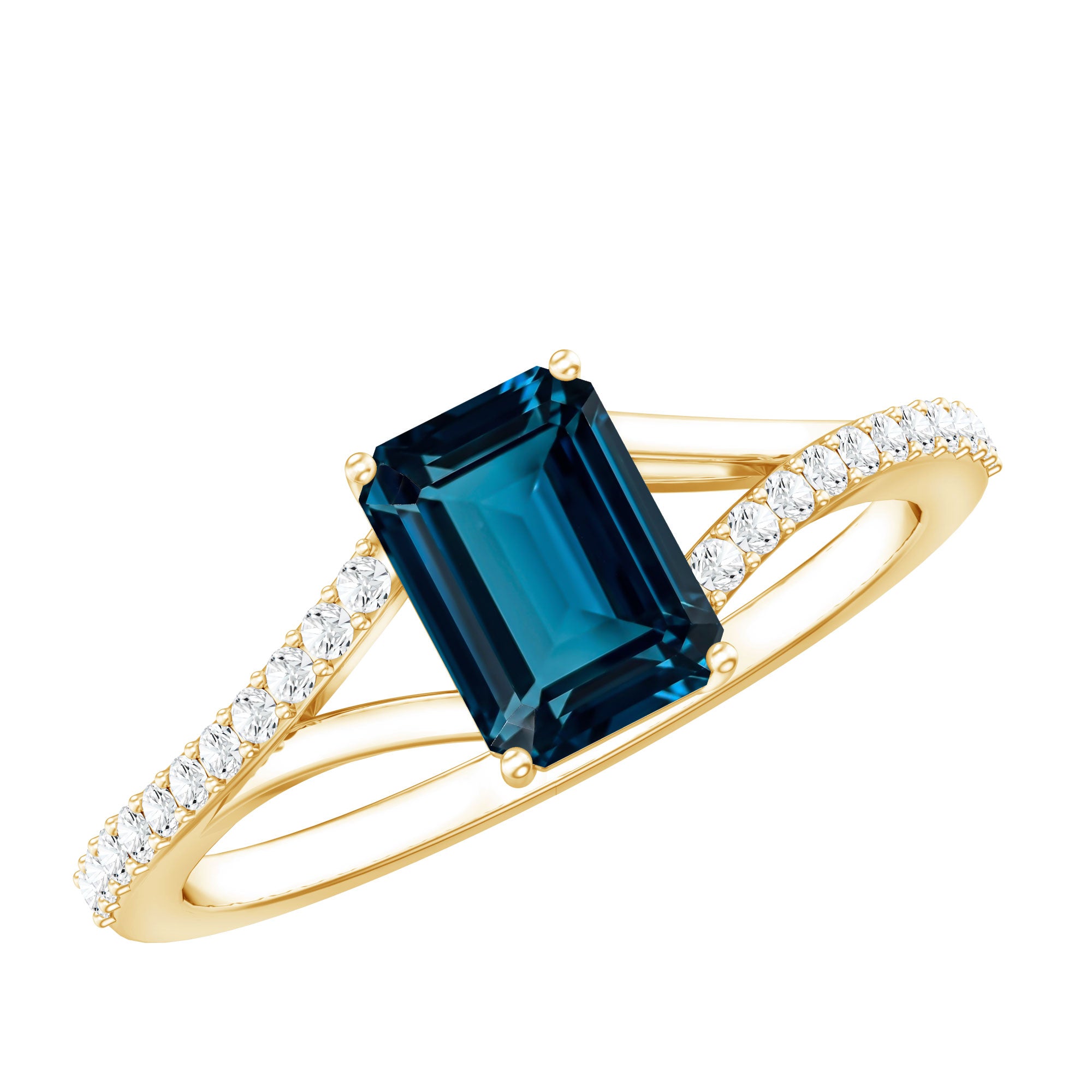 2.2 Carat Emerald Cut London Blue Topaz Split Shank Engagement Ring with Diamond AAA - Rosec Jewels