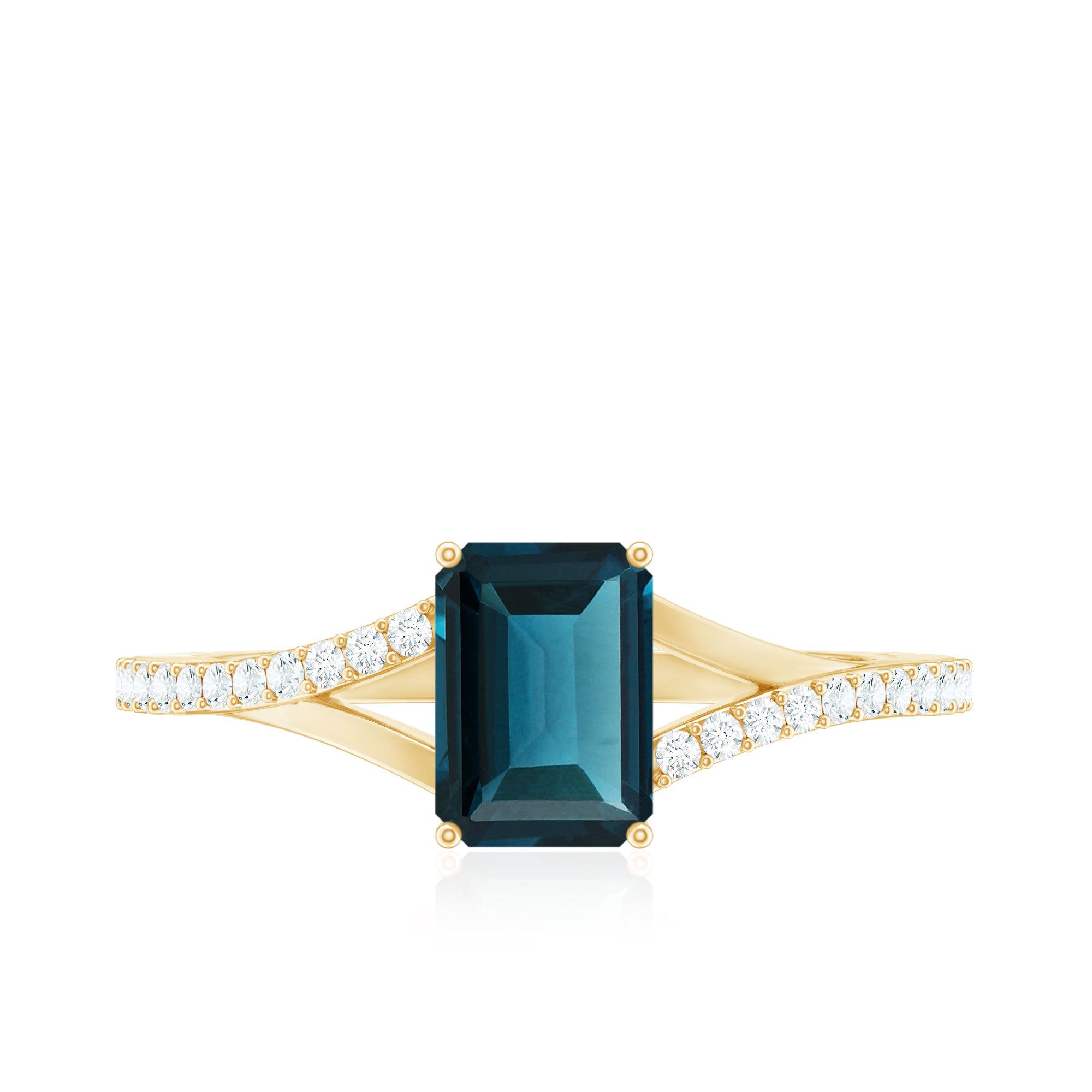6X8mm Emerald Cut London Blue Topaz Split Shank Engagement Ring with Diamond AAA - Rosec Jewels