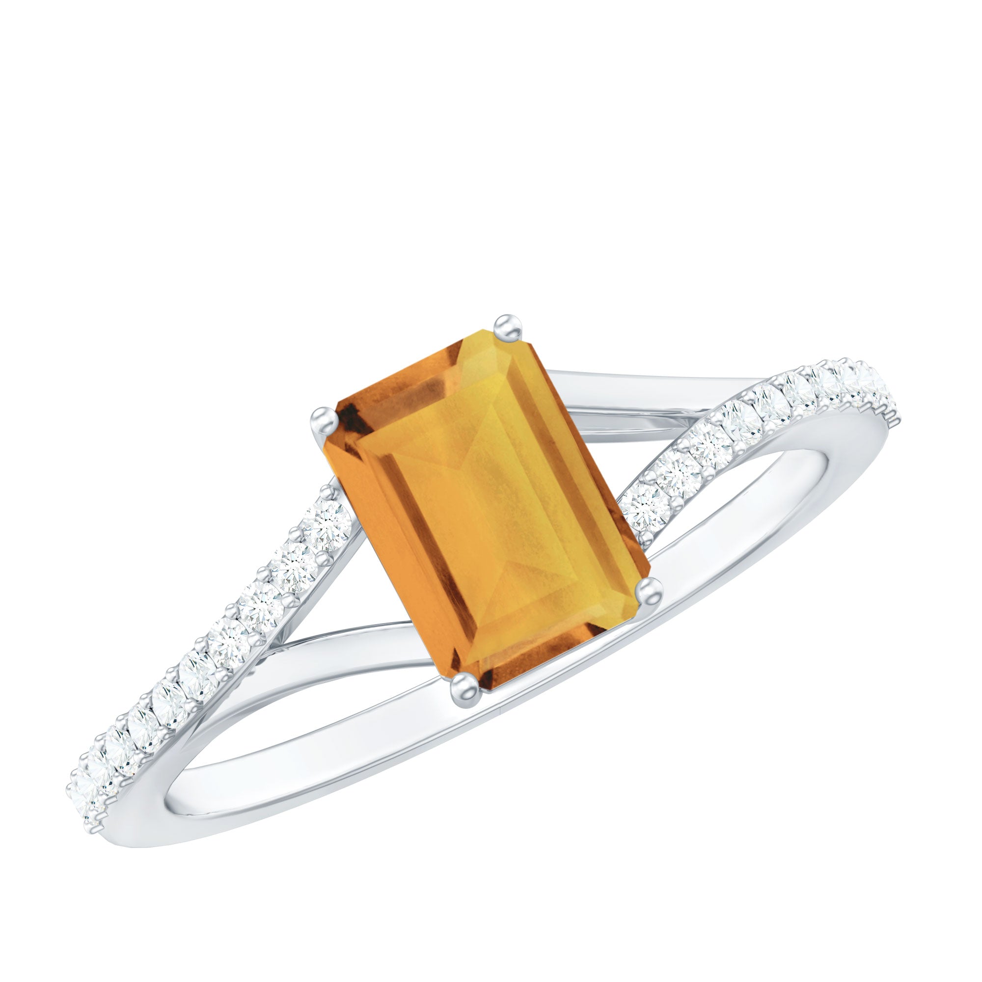 Real Citrine Emerald Cut Engagement Ring with Diamond Split Shank