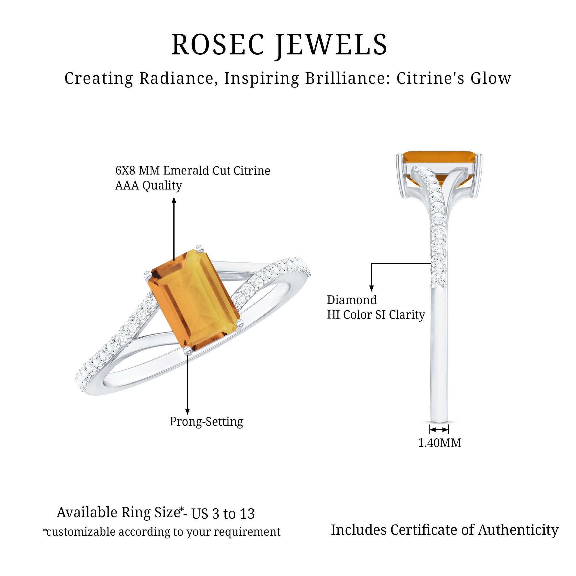 Real Citrine Emerald Cut Engagement Ring with Diamond Split Shank AAA - Rosec Jewels