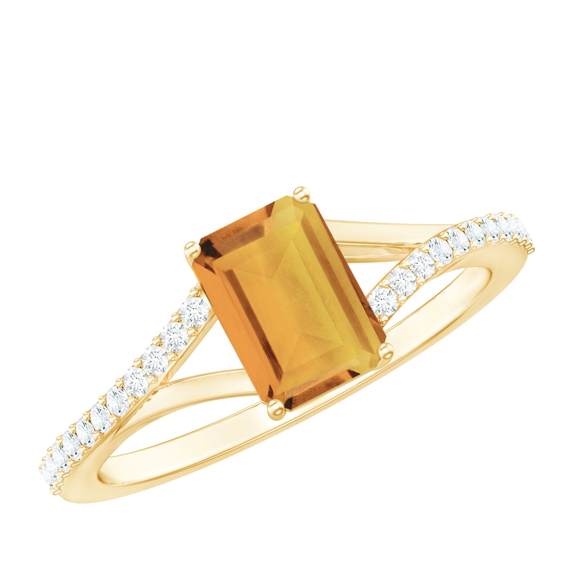 Real Citrine Emerald Cut Engagement Ring with Diamond Split Shank AAA - Rosec Jewels