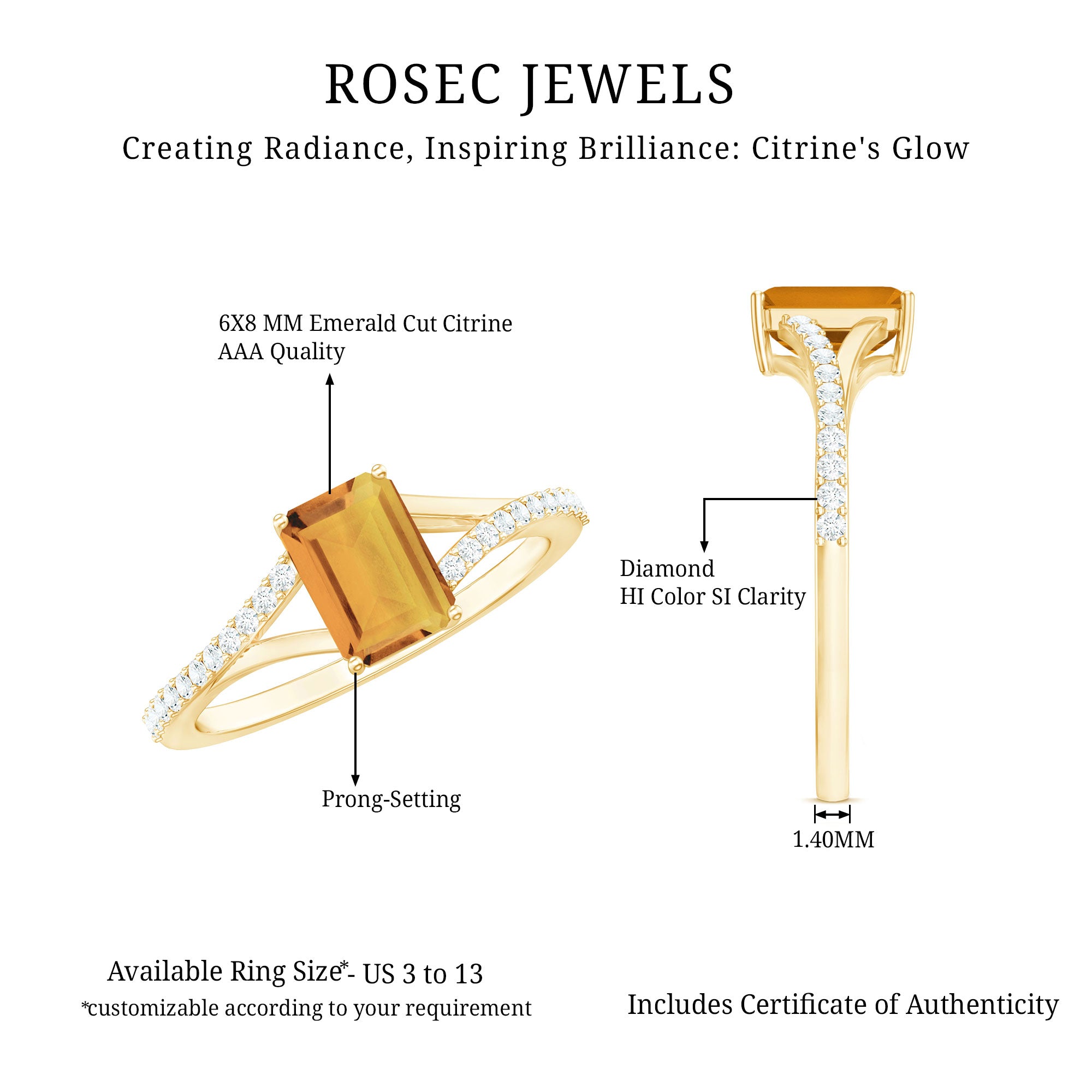 Real Citrine Emerald Cut Engagement Ring with Diamond Split Shank AAA - Rosec Jewels