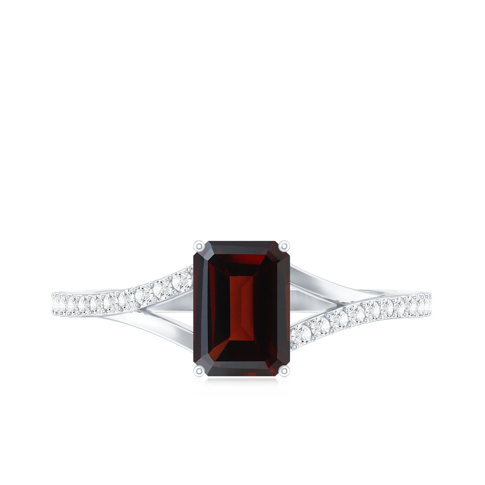 Certified Natural Garnet Emerald Cut Engagement Ring with Diamond Split Shank AAA - Rosec Jewels