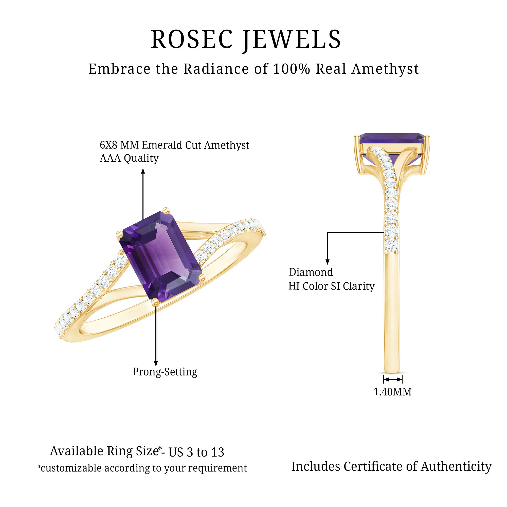 1.4 Carat Amethyst Emerald Cut Engagement Ring with Diamond Split Shank AAA - Rosec Jewels