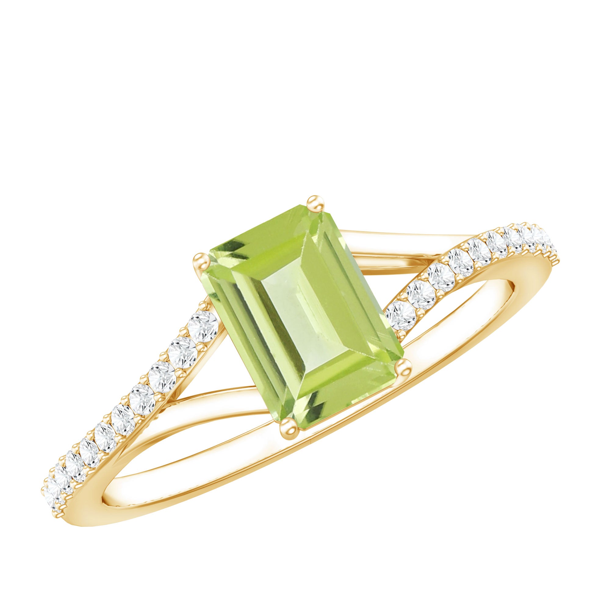1.8 Carat Peridot Emerald Cut Engagement Ring with Diamond Split Shank AAA - Rosec Jewels