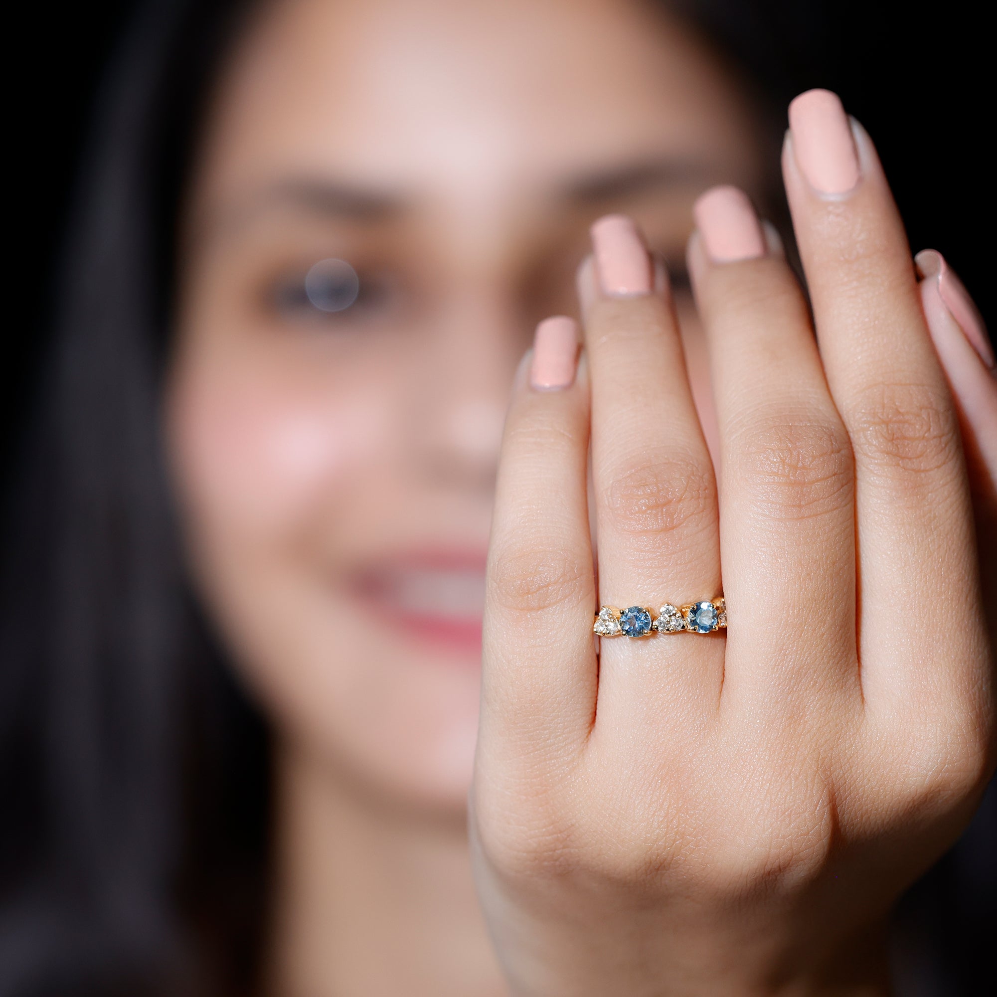 Aquamarine and Diamond Heart Shape Eternity Ring AAA - Rosec Jewels