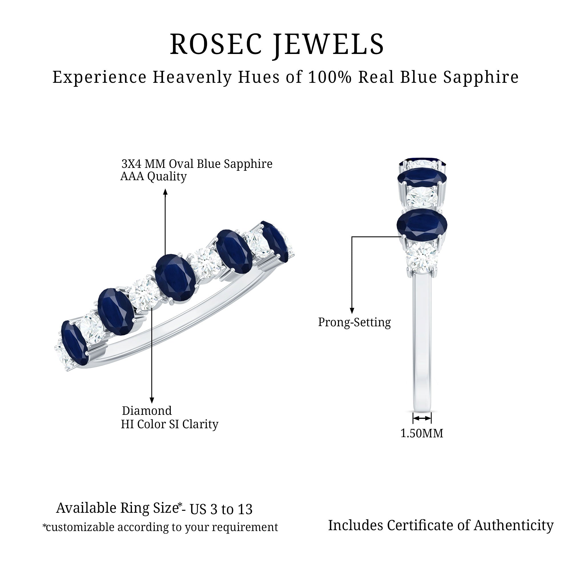 Natural Oval Blue Sapphire Diamond Half Eternity Ring for Women AAA - Rosec Jewels