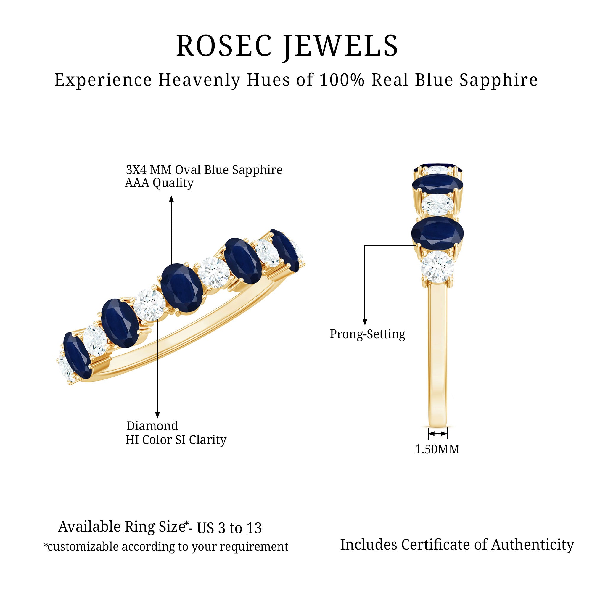 Natural Oval Blue Sapphire Diamond Half Eternity Ring for Women AAA - Rosec Jewels