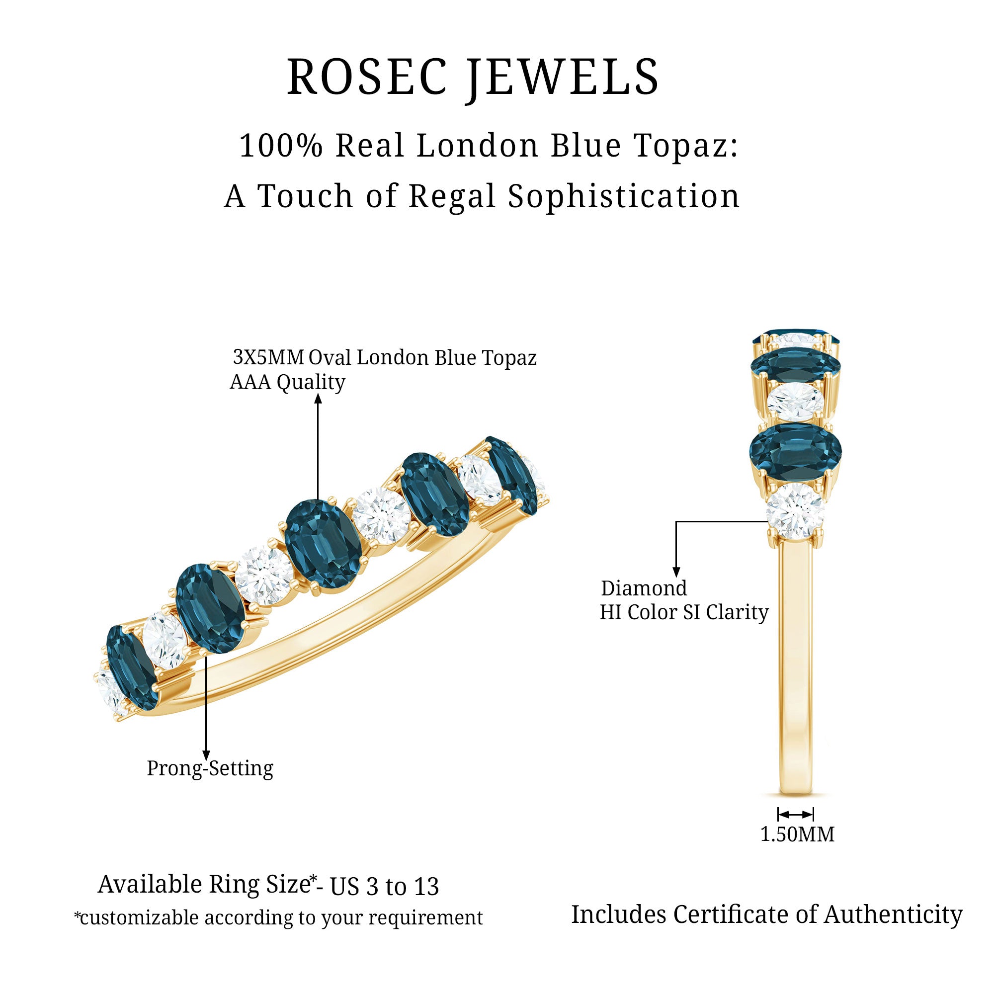 Oval London Blue Topaz Half Eternity Band Ring with Diamond AAA - Rosec Jewels