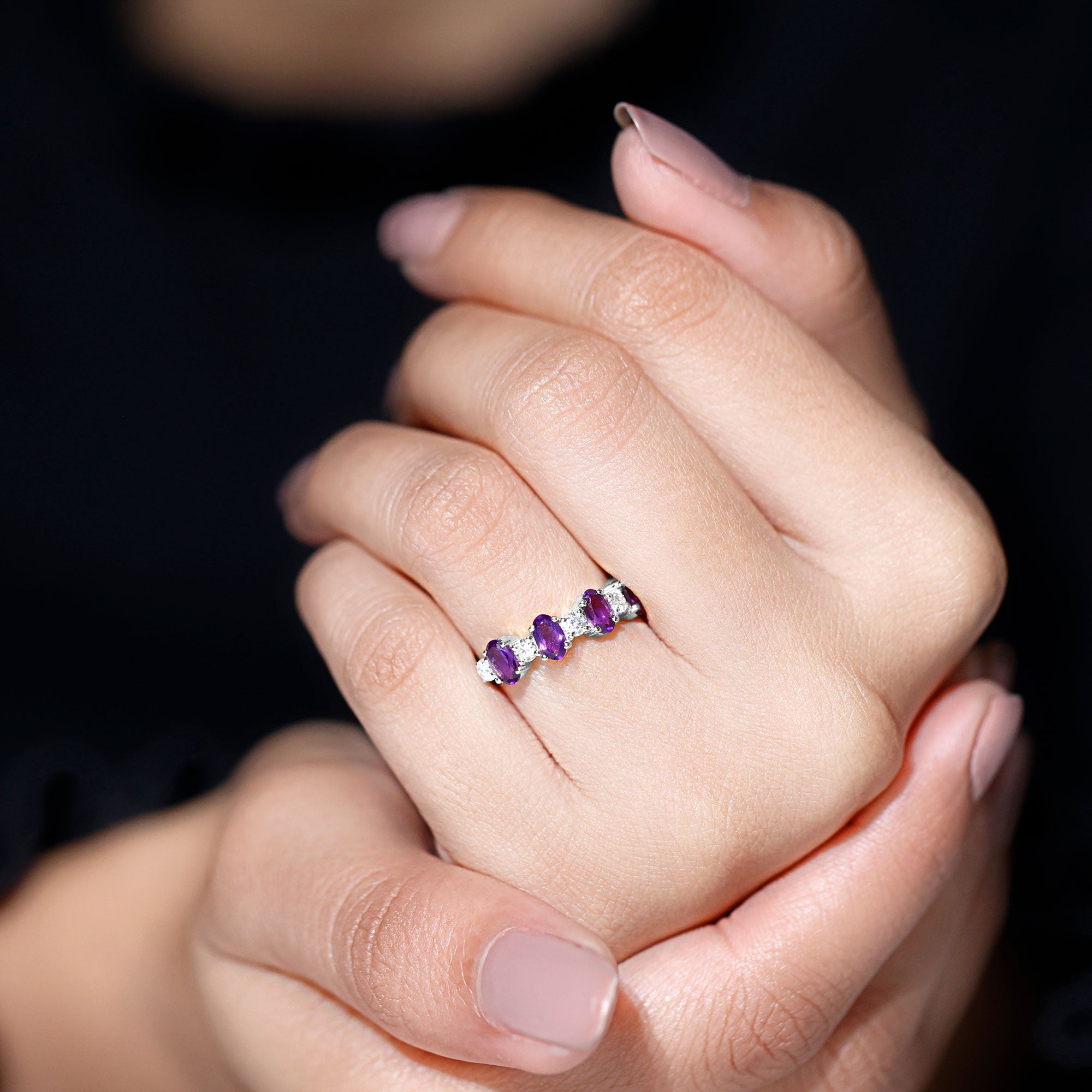 Natural Oval Amethyst Diamond Half Eternity Ring for Women AAA - Rosec Jewels