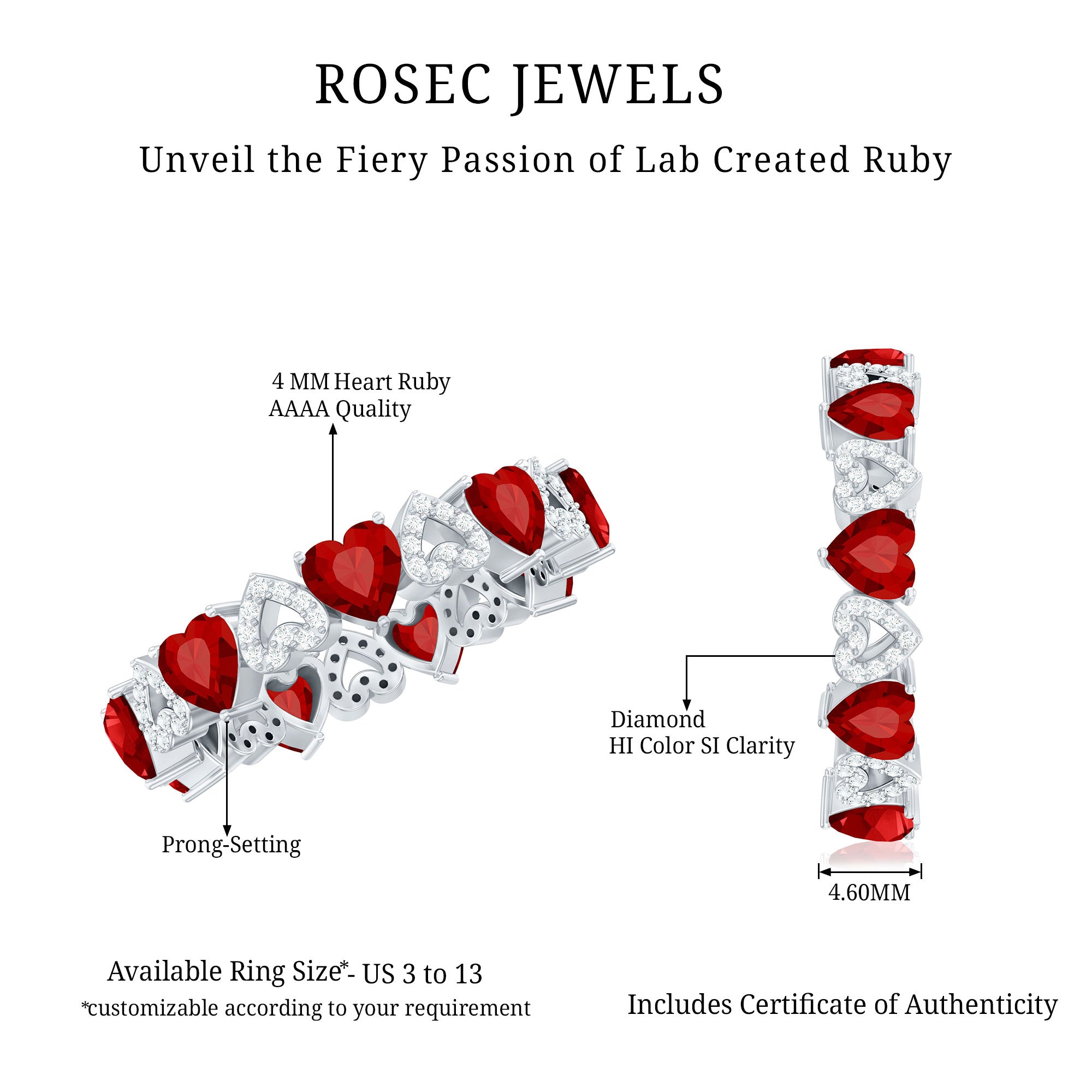 Lab-Created Ruby and Diamond Heart Eternity Band Ring AAAA - Rosec Jewels