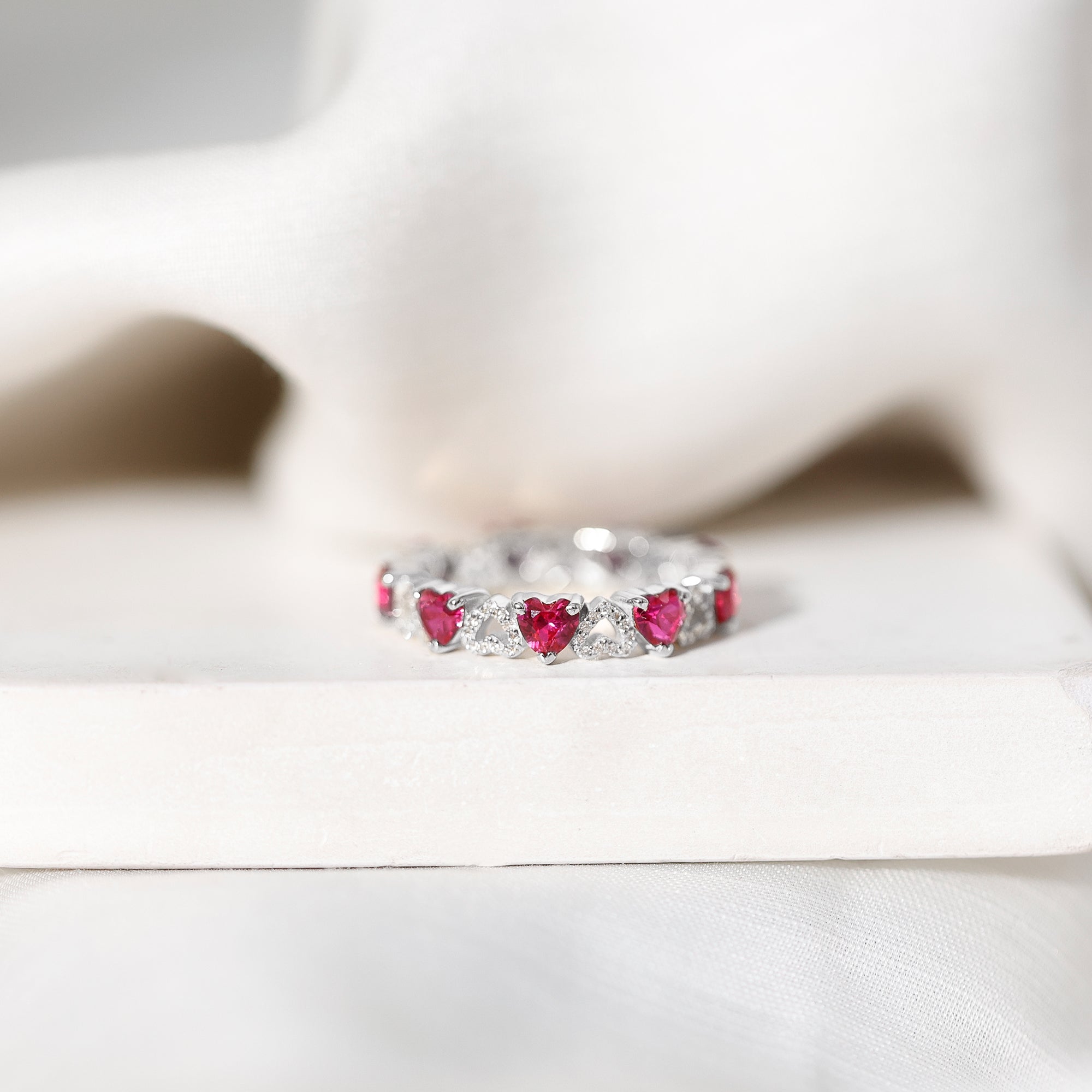 Lab-Created Ruby and Diamond Heart Eternity Band Ring AAAA - Rosec Jewels