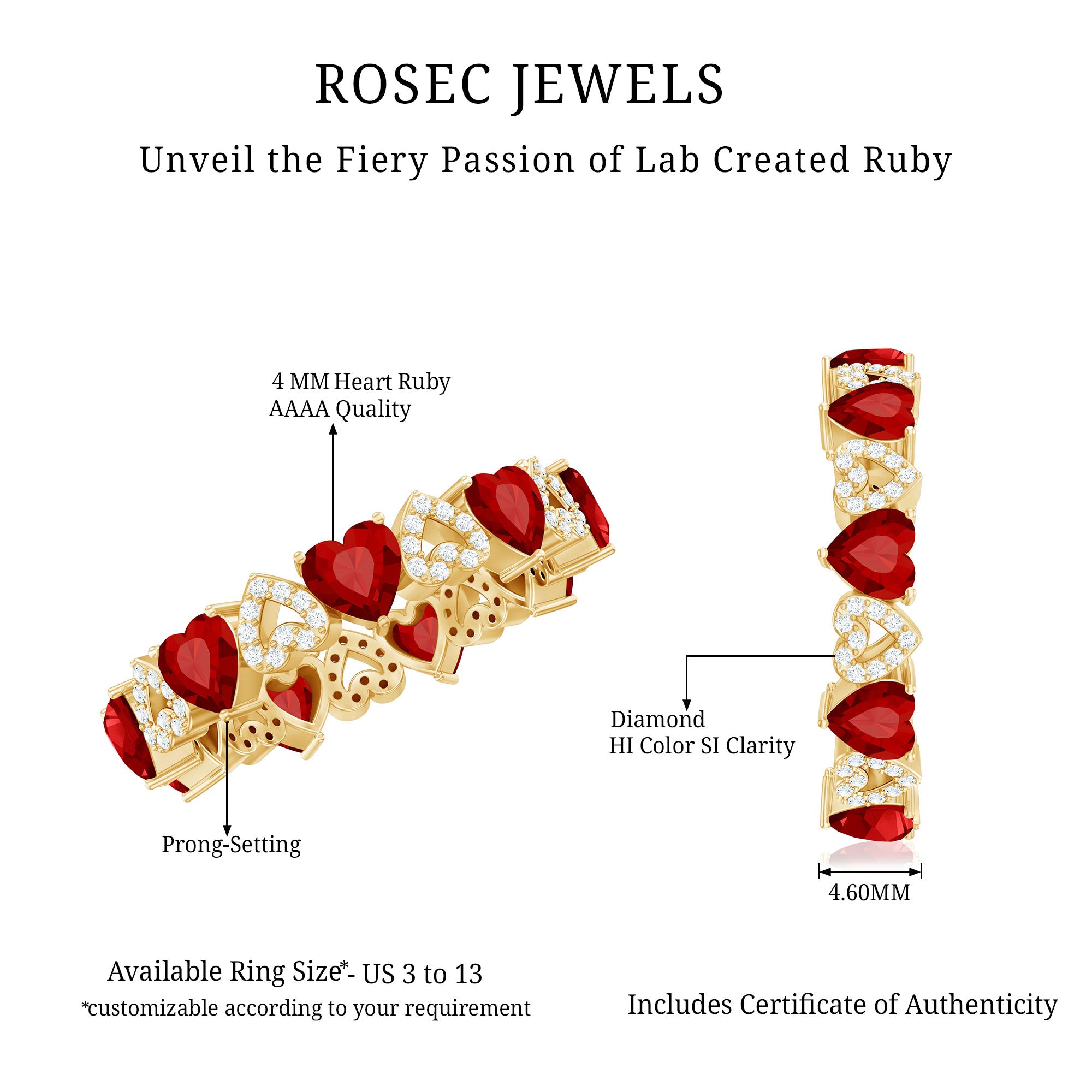Lab-Created Ruby and Diamond Heart Eternity Band Ring AAAA - Rosec Jewels