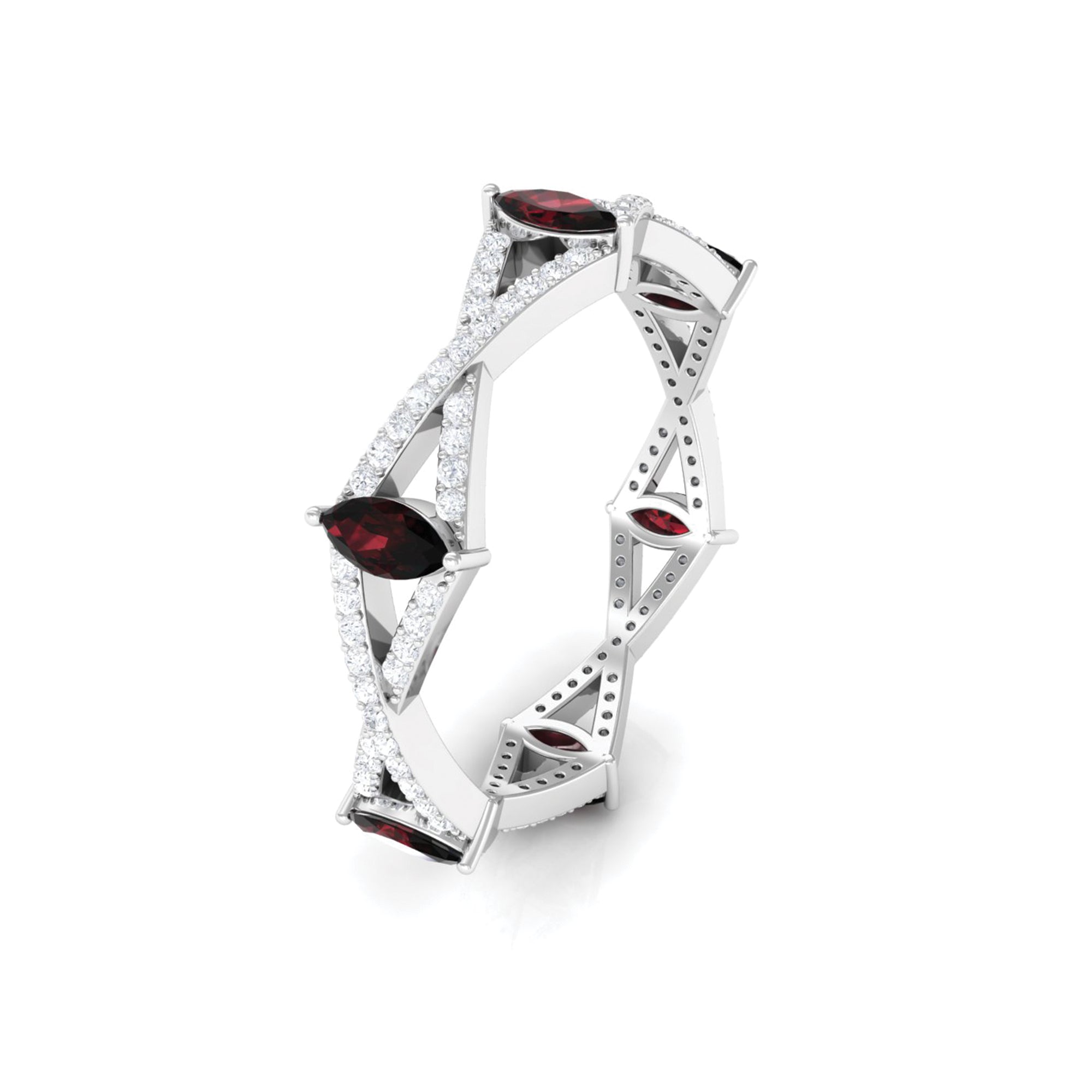 Natural Marquise Garnet Diamond Eternity Ring with Crossover Shank AAA - Rosec Jewels