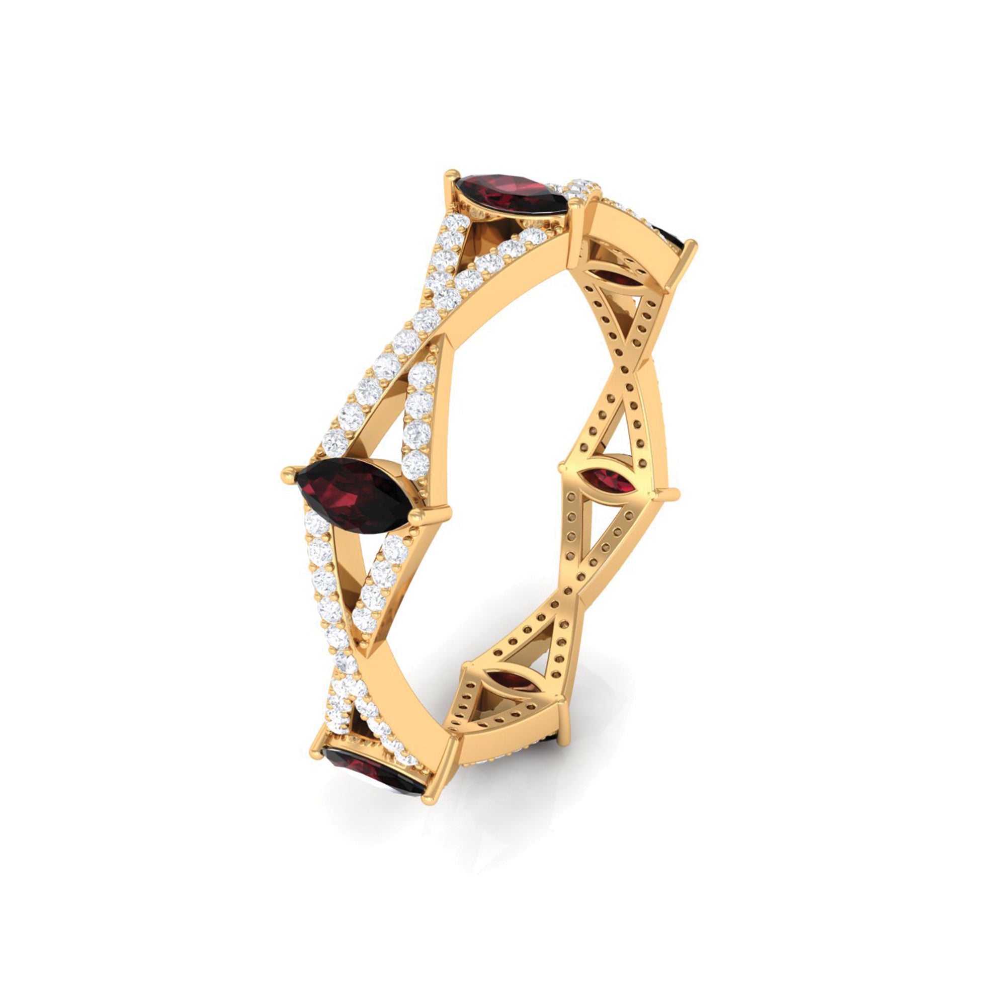 Natural Marquise Garnet Diamond Eternity Ring with Crossover Shank AAA - Rosec Jewels